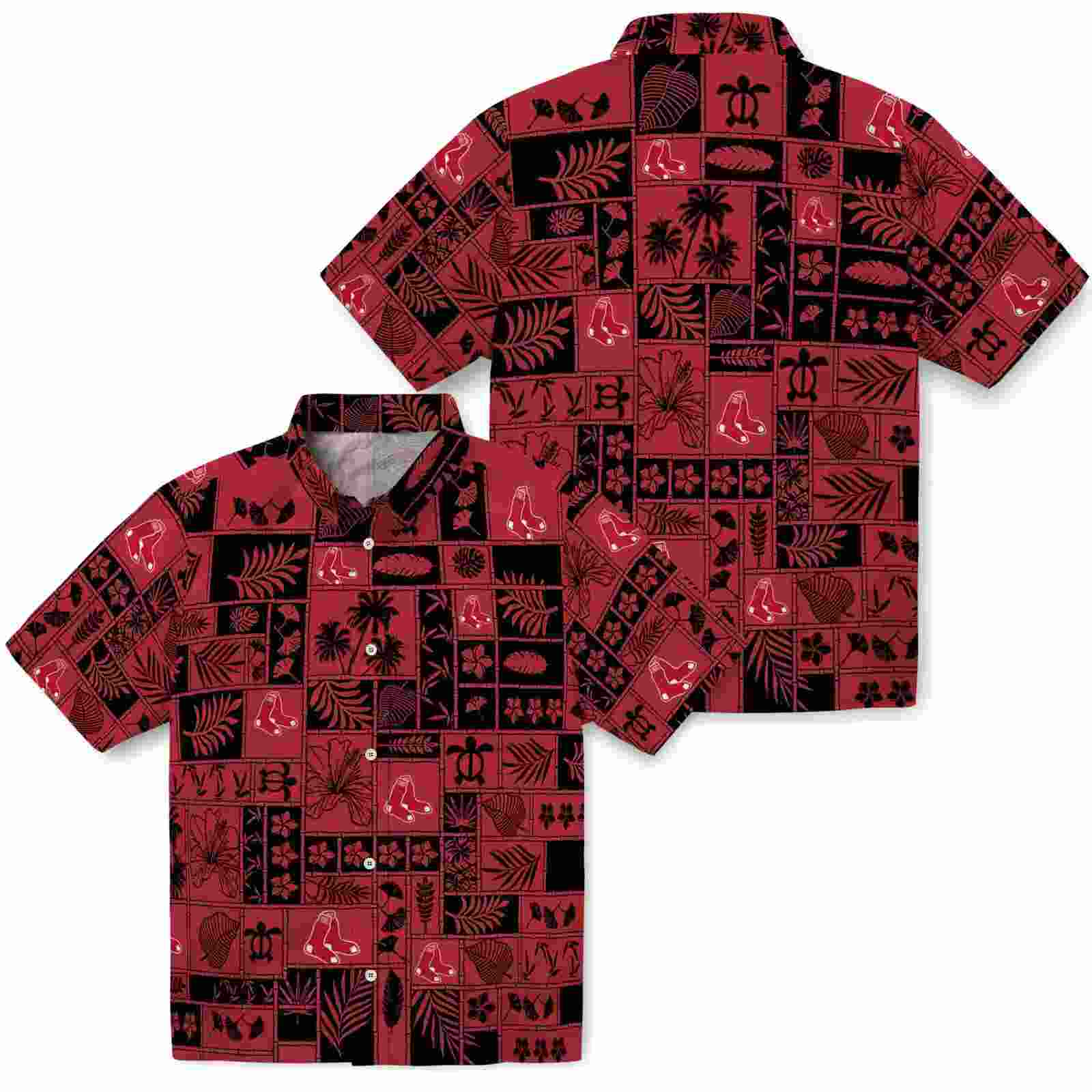 boston red sox tropical patchwork red black hawaiian shirt high quality