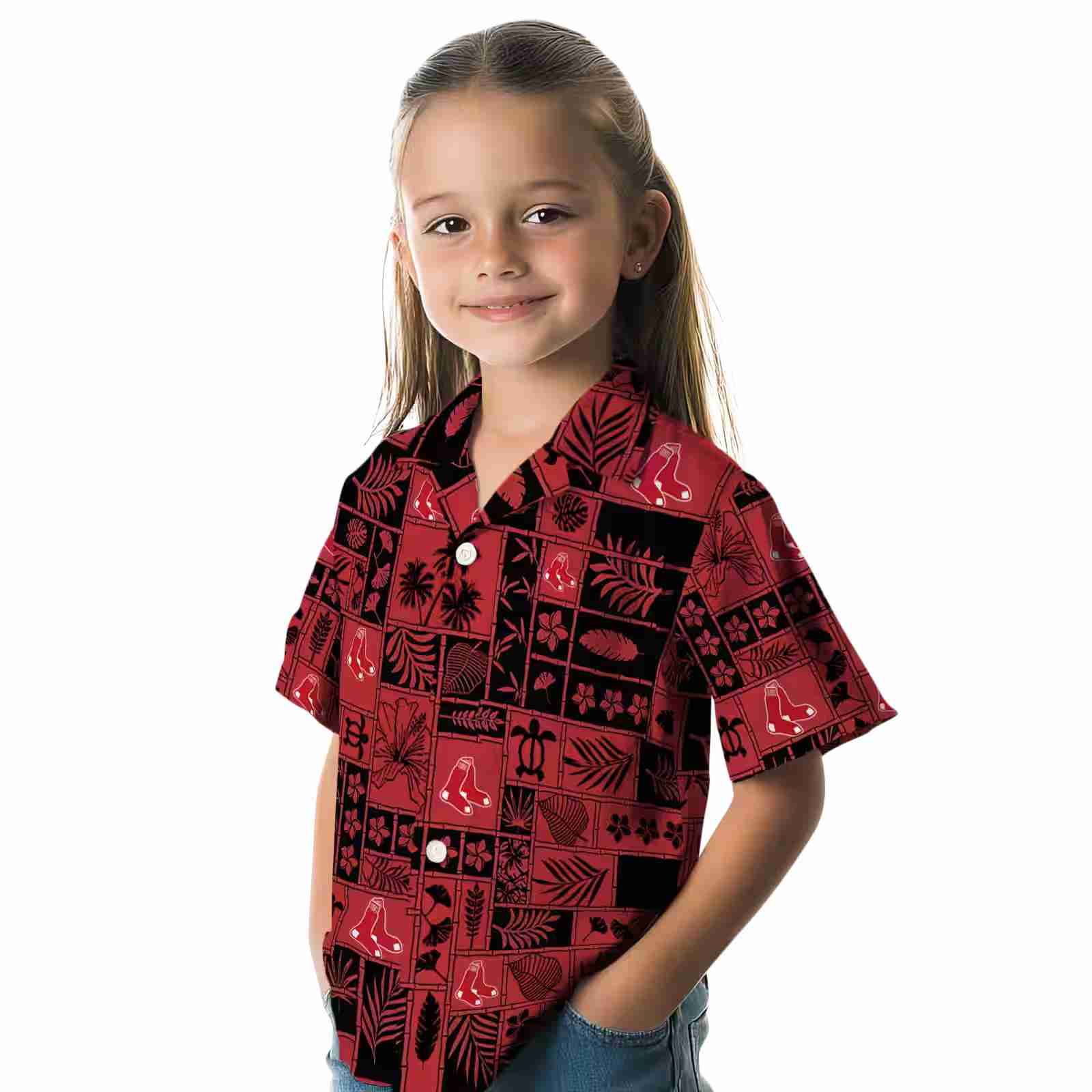 boston red sox tropical patchwork red black hawaiian shirt premium grade