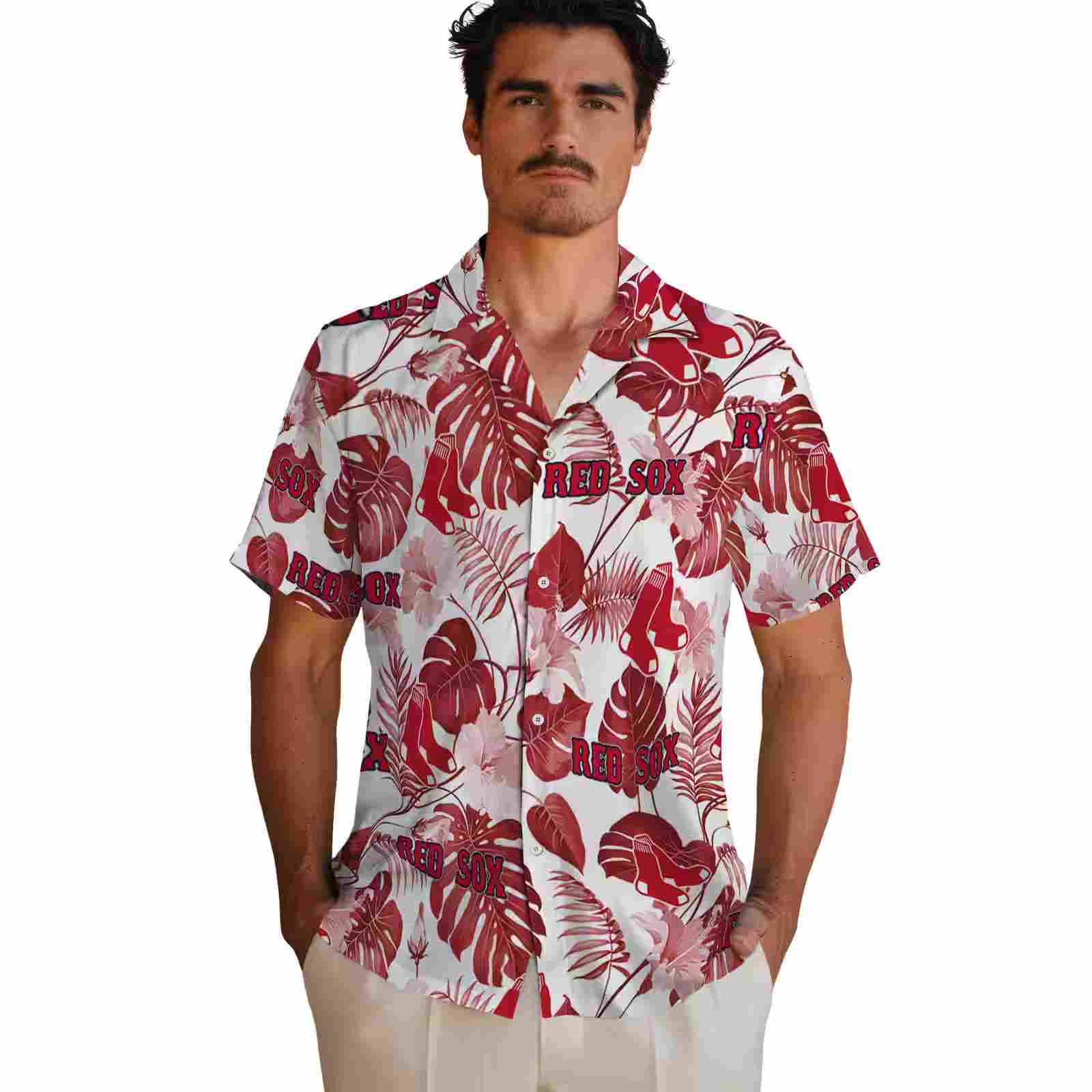 boston red sox tropical plants red white hawaiian shirt fashion forward