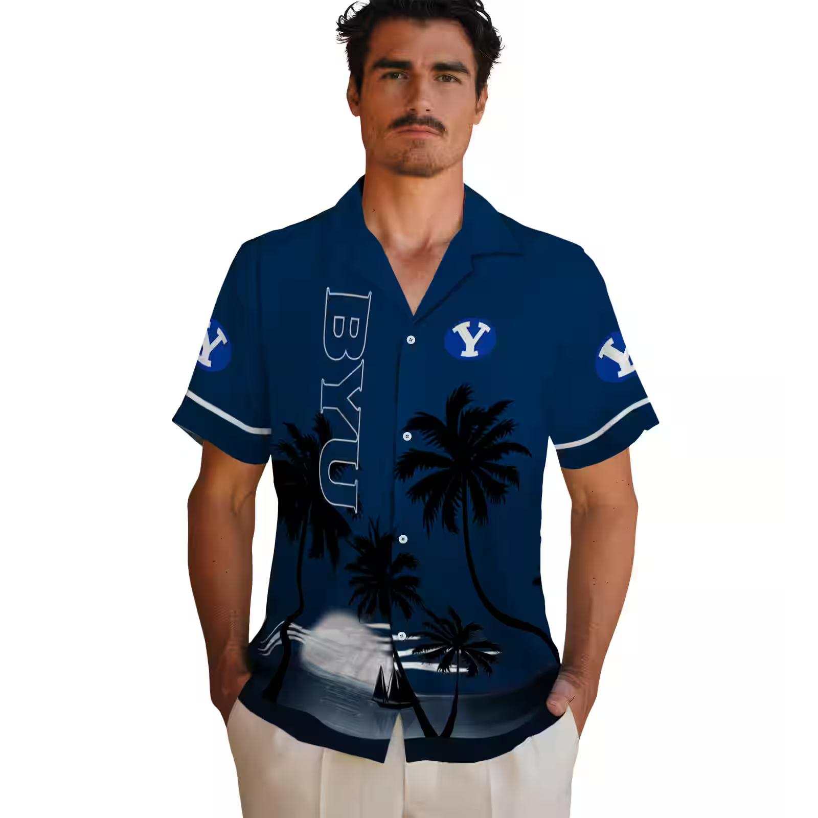 byu cougars beach sunset blue black hawaiian shirt fashion forward