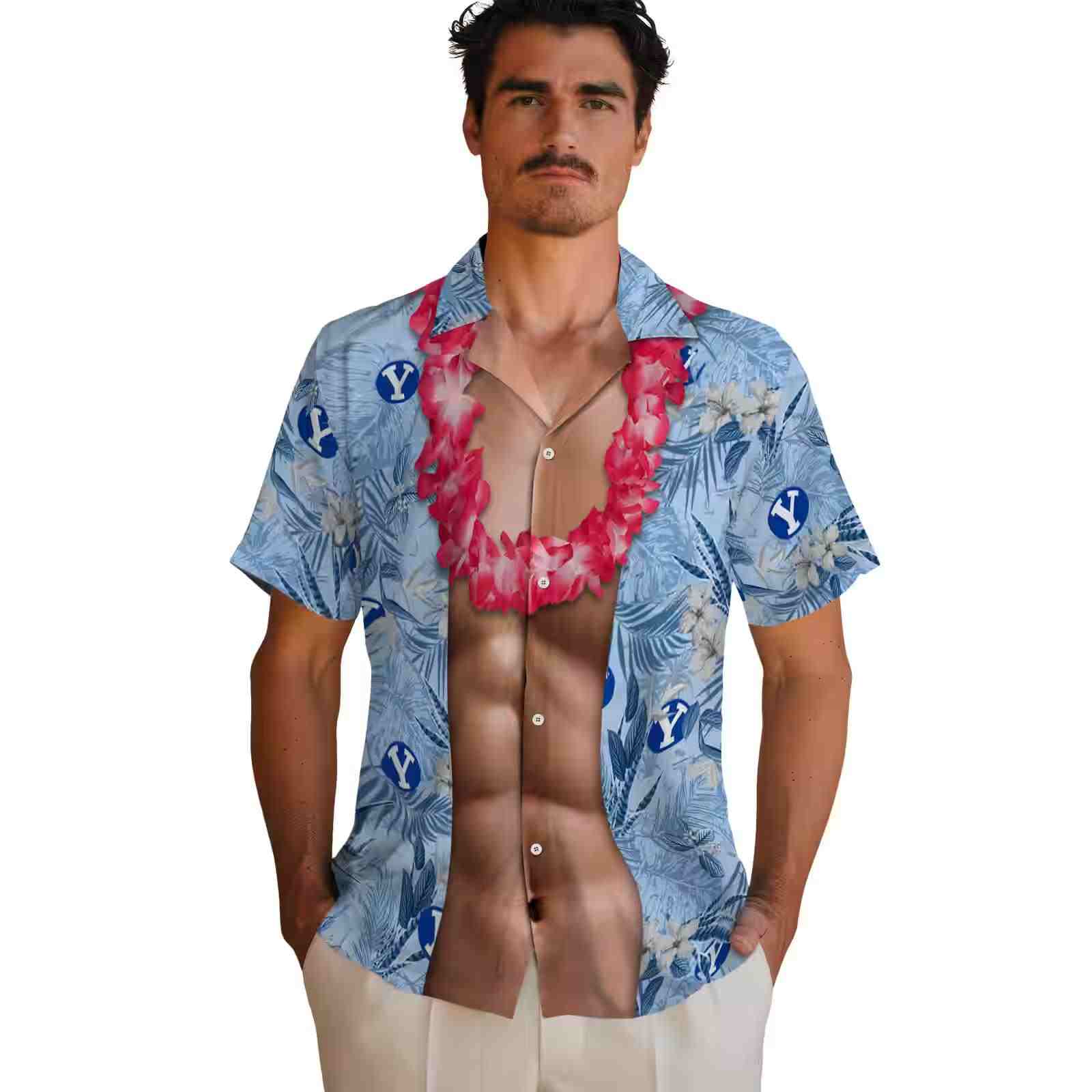 byu cougars chest illusion blue hawaiian shirt fashion forward