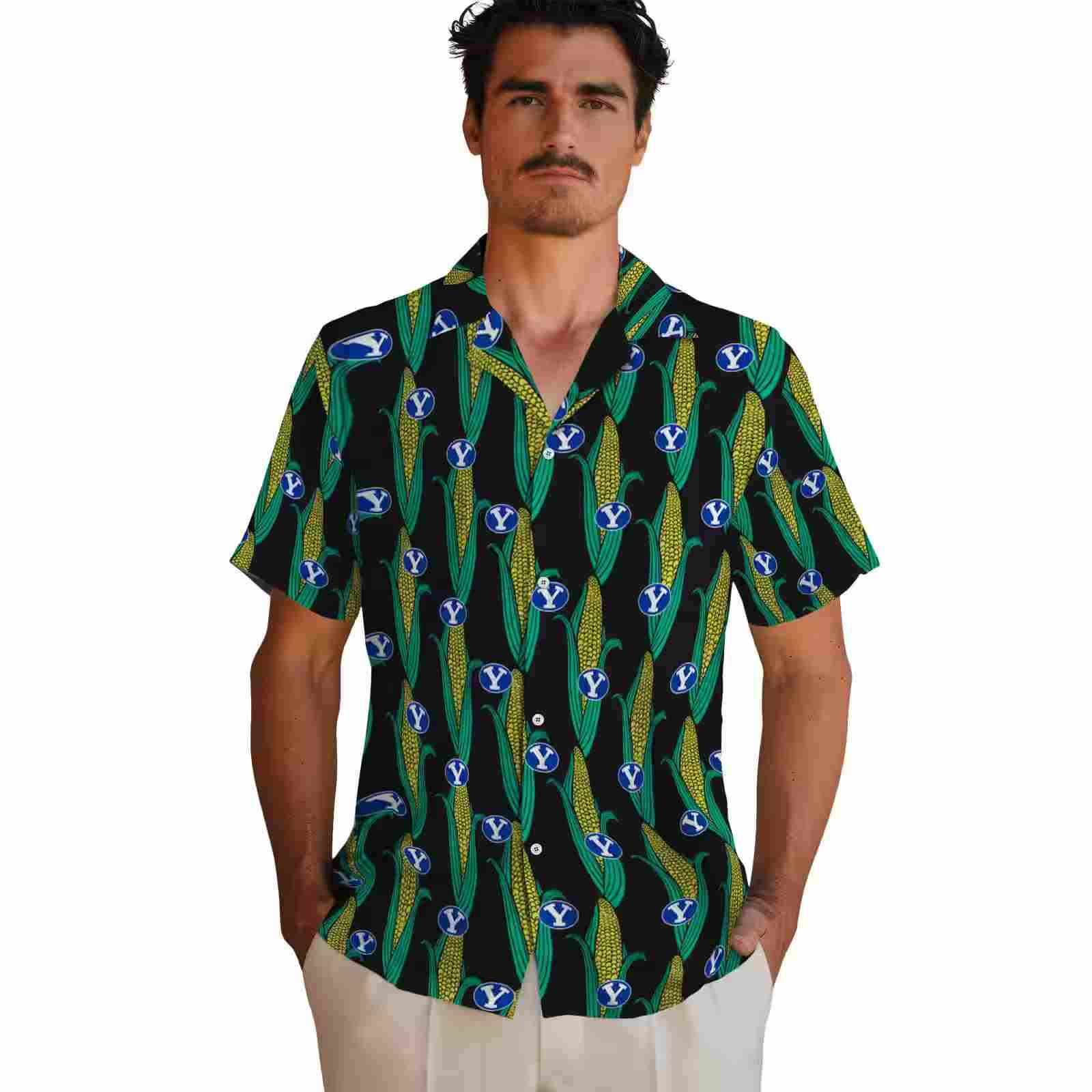 byu cougars corn motifs black green hawaiian shirt fashion forward