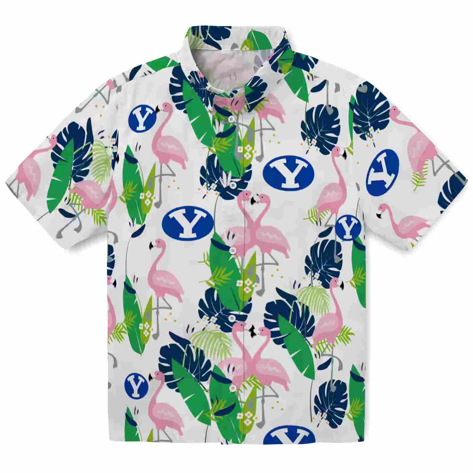 BYU Cougars Flamingo Foliage Blue Green Hawaiian Shirt