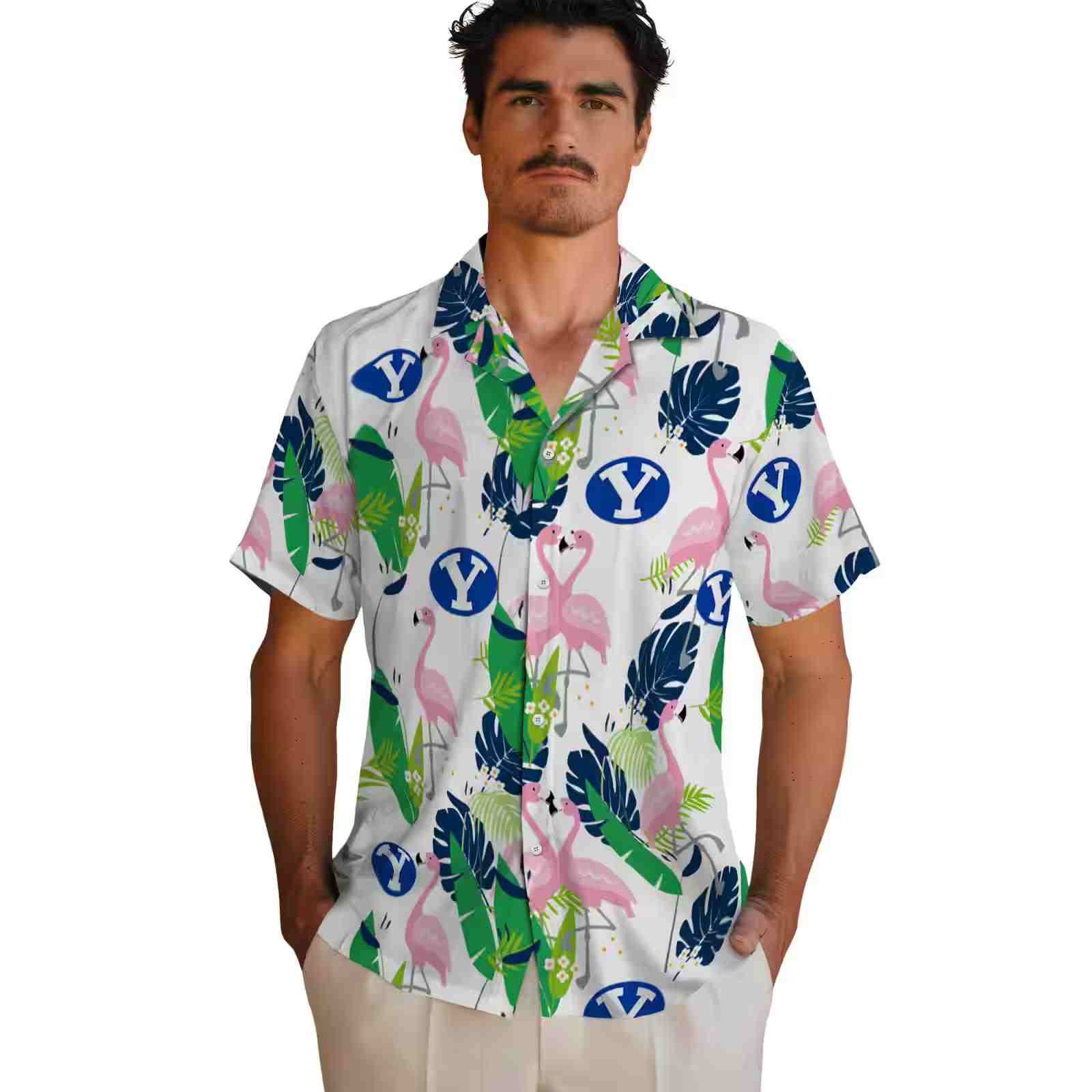 byu cougars flamingo foliage blue green hawaiian shirt fashion forward