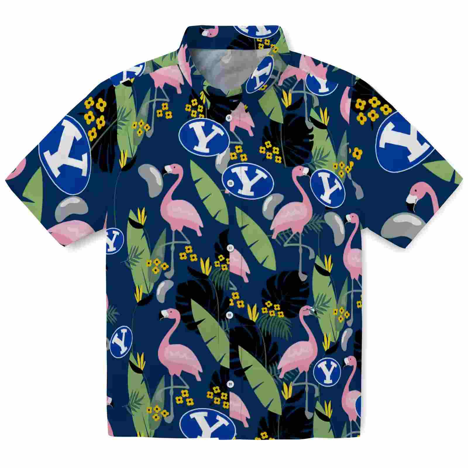 BYU Cougars Flamingo Leaves Blue Hawaiian Shirt