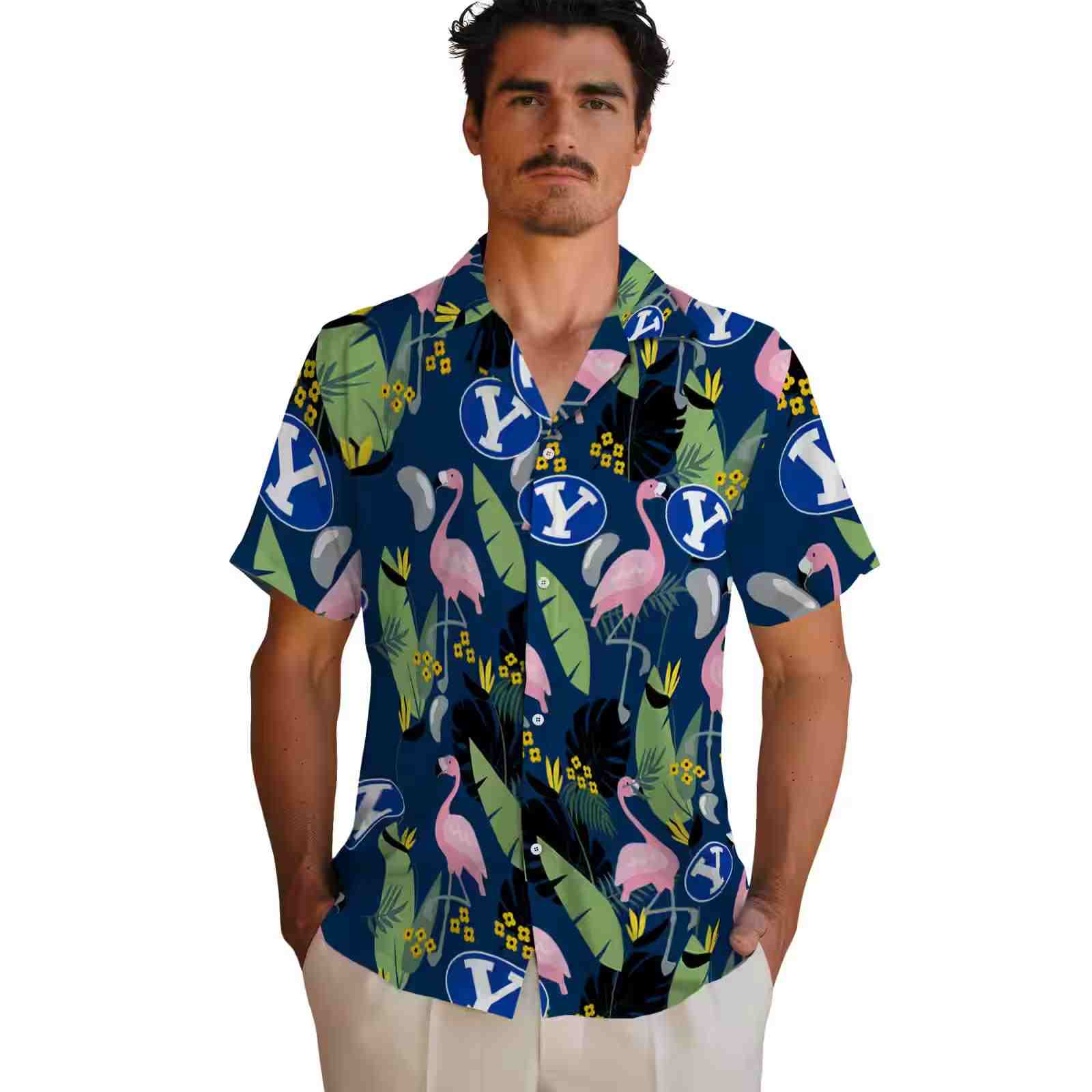 byu cougars flamingo leaves blue hawaiian shirt fashion forward