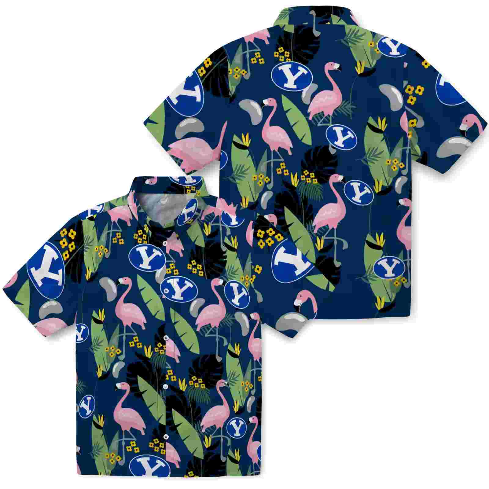 byu cougars flamingo leaves blue hawaiian shirt high quality