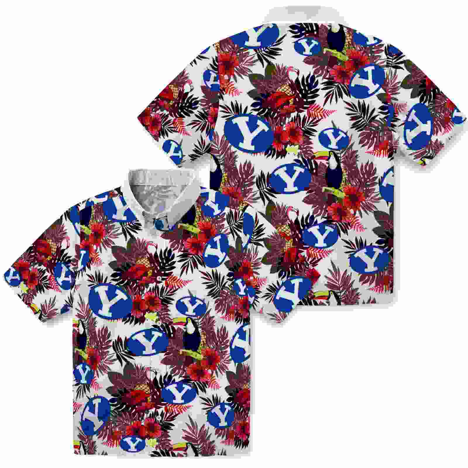 byu cougars floral toucan blue red hawaiian shirt high quality