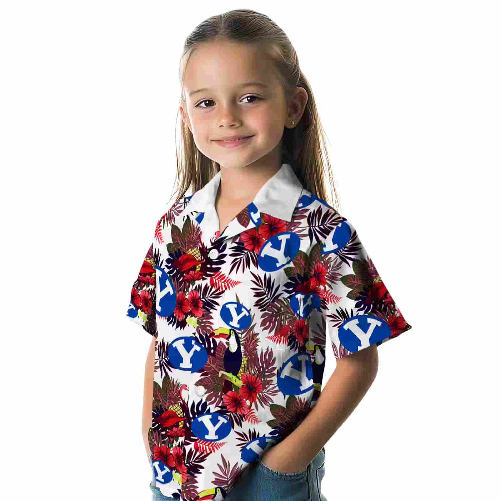 byu cougars floral toucan blue red hawaiian shirt premium grade