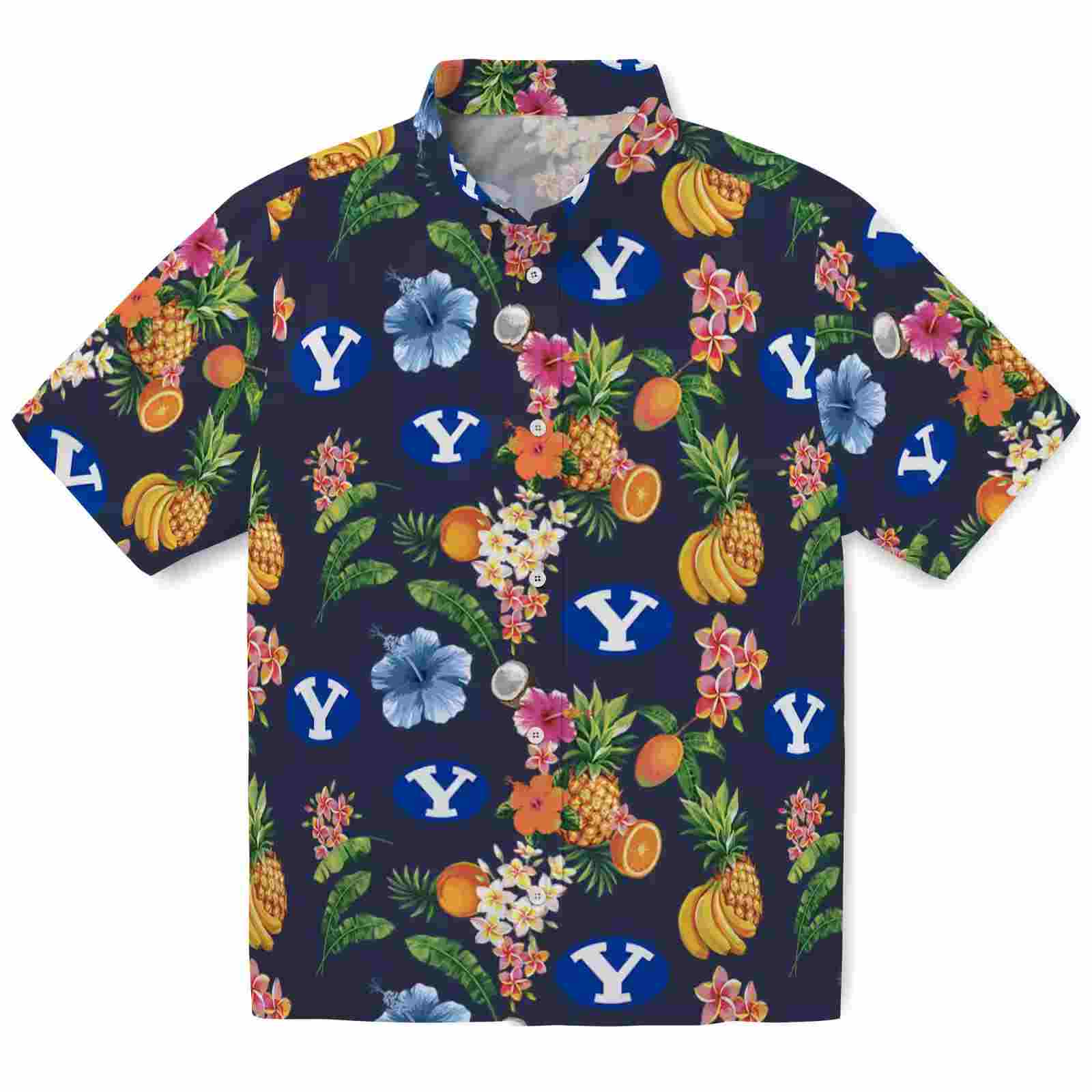 BYU Cougars Hibiscus And Fruit Navy Blue Hawaiian Shirt