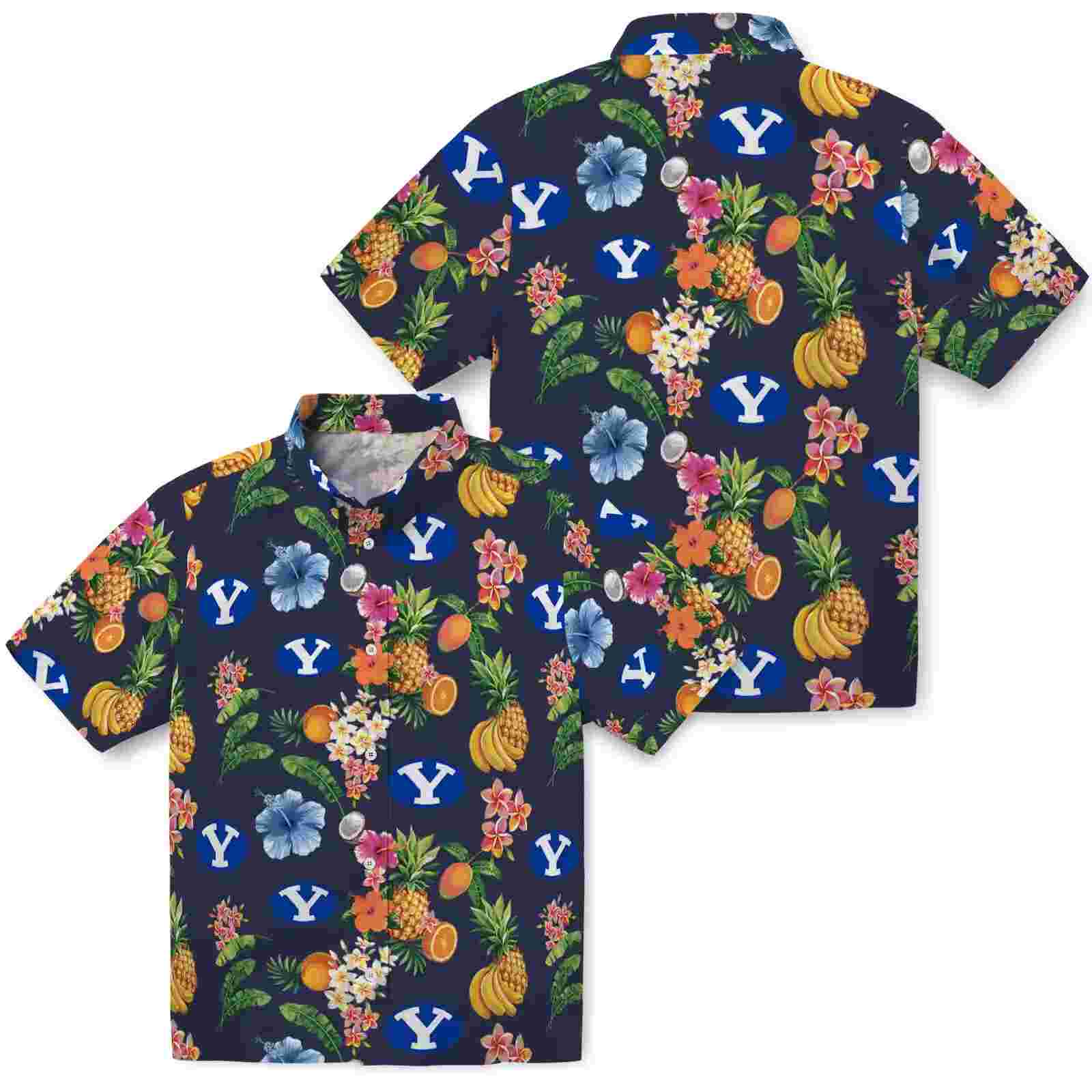 byu cougars hibiscus and fruit navy blue hawaiian shirt high quality