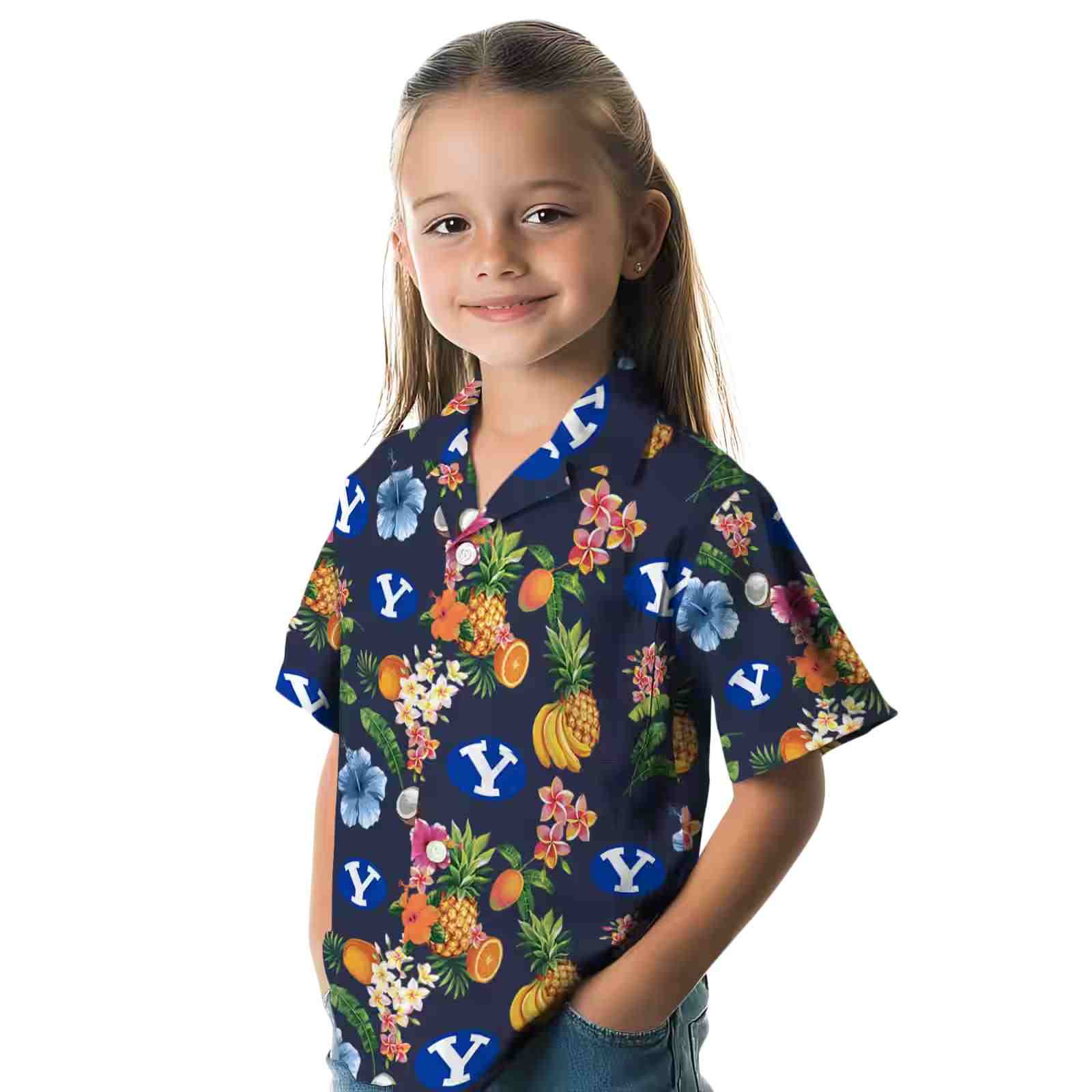 byu cougars hibiscus and fruit navy blue hawaiian shirt premium grade