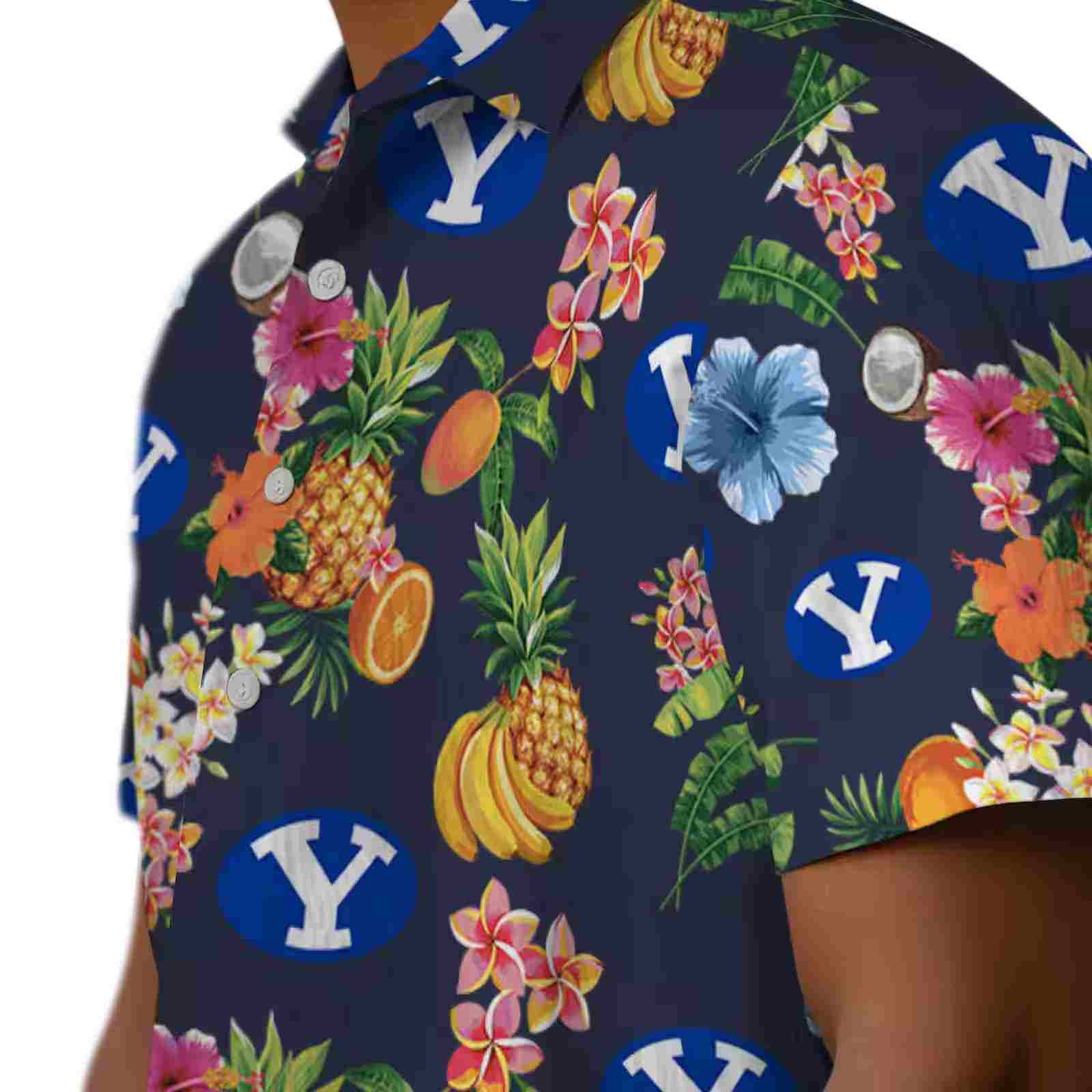 byu cougars hibiscus and fruit navy blue hawaiian shirt trendy