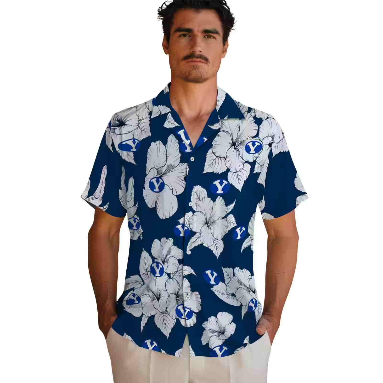 byu cougars hibiscus blooms blue white hawaiian shirt fashion forward