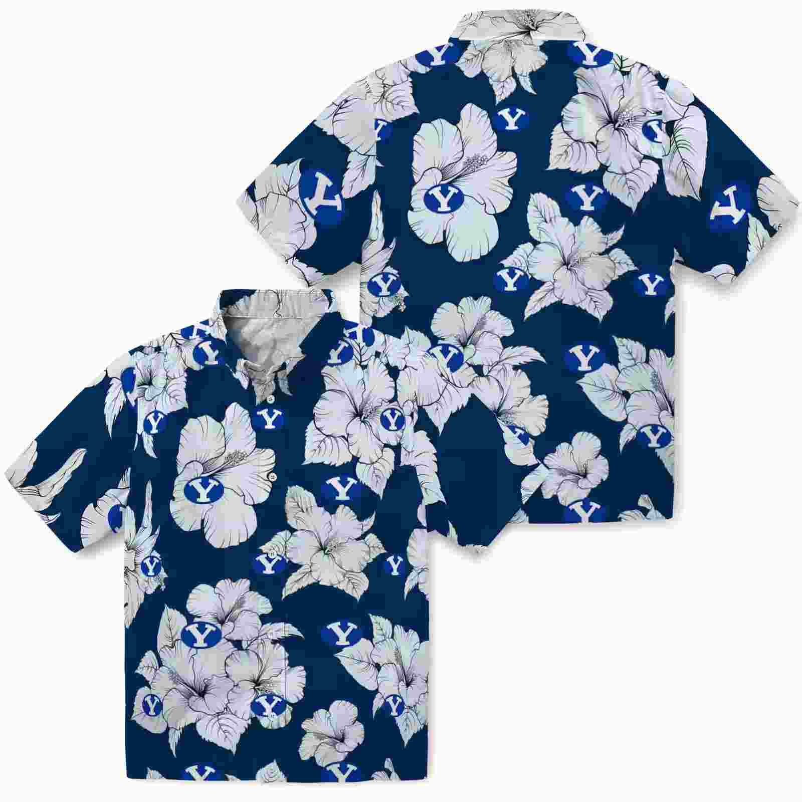 byu cougars hibiscus blooms blue white hawaiian shirt high quality