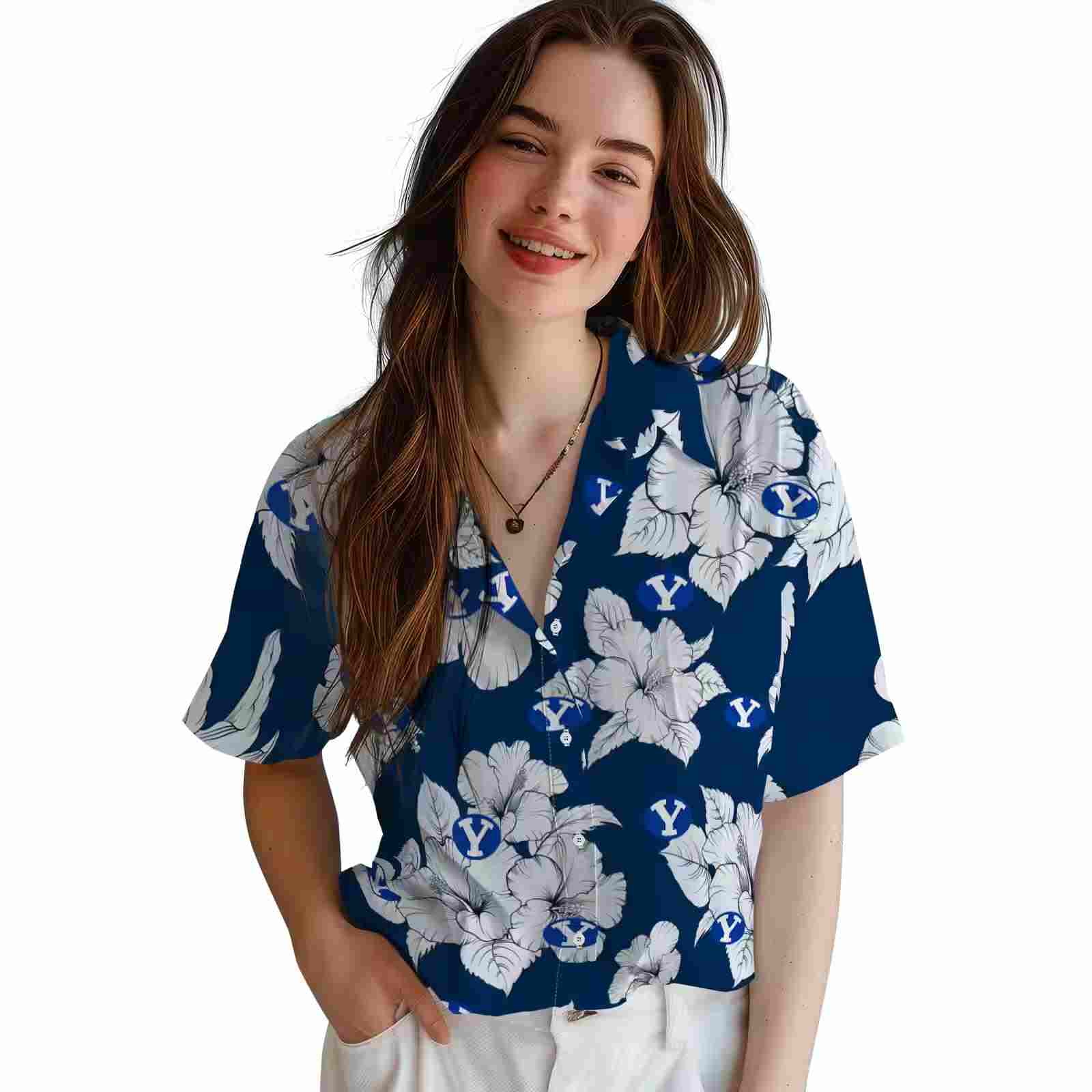 byu cougars hibiscus blooms blue white hawaiian shirt latest model