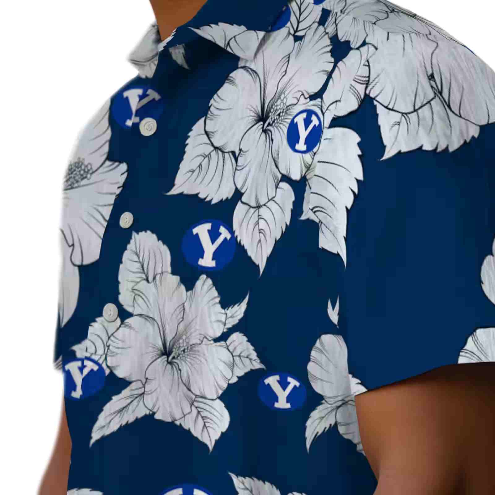 byu cougars hibiscus blooms blue white hawaiian shirt trendy