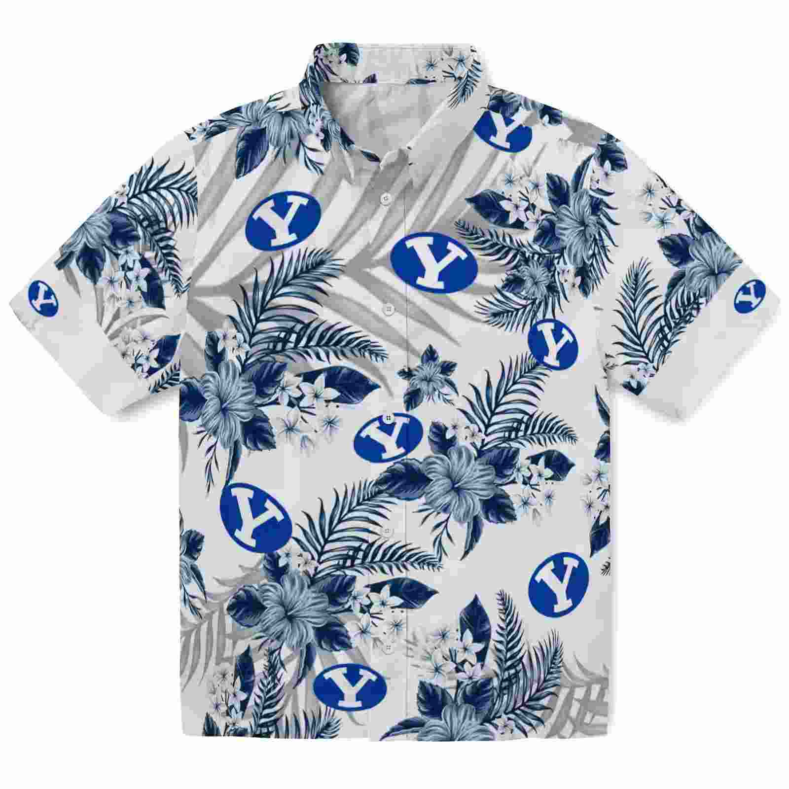 BYU Cougars Hibiscus Palm Leaves Blue White Hawaiian Shirt