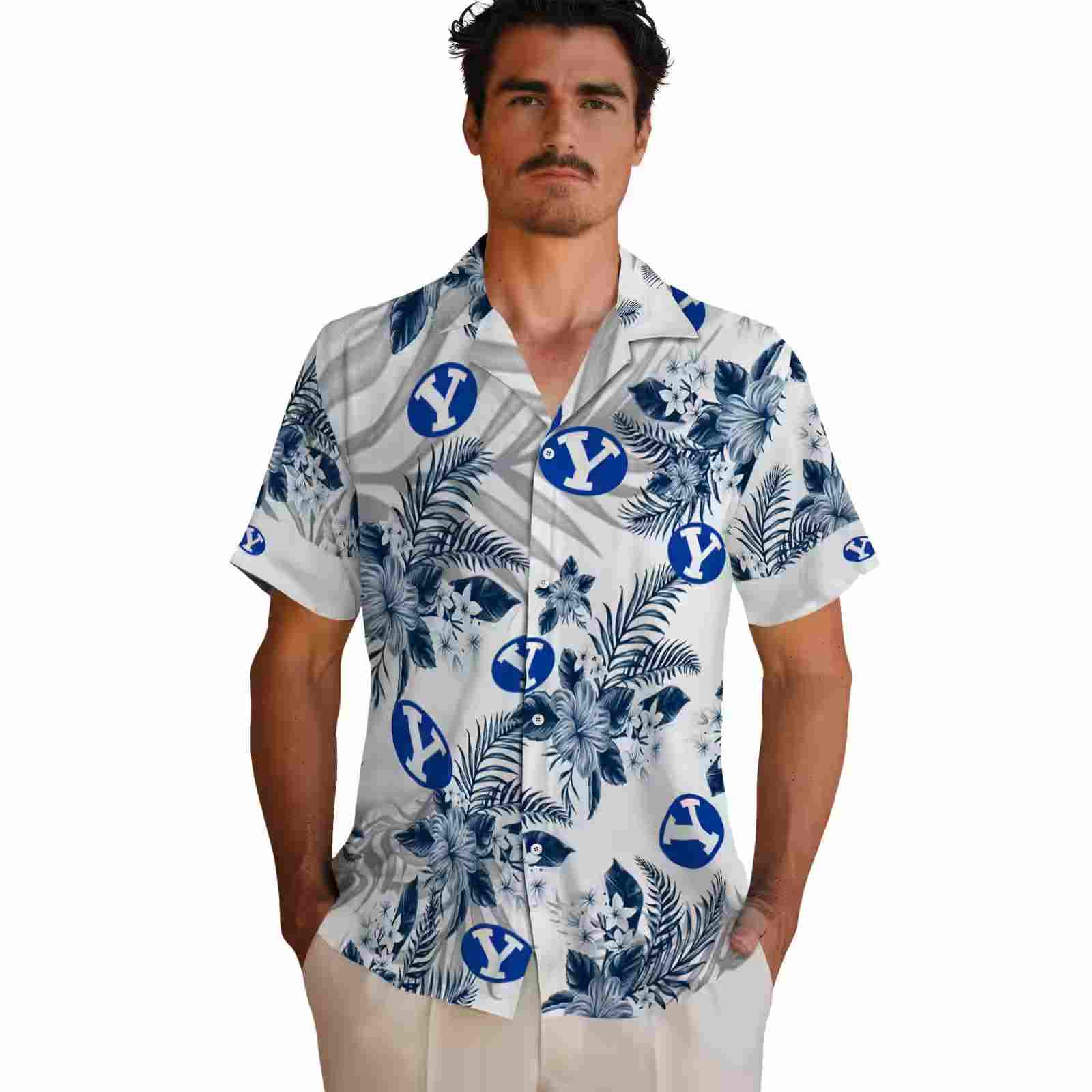 byu cougars hibiscus palm leaves blue white hawaiian shirt fashion forward