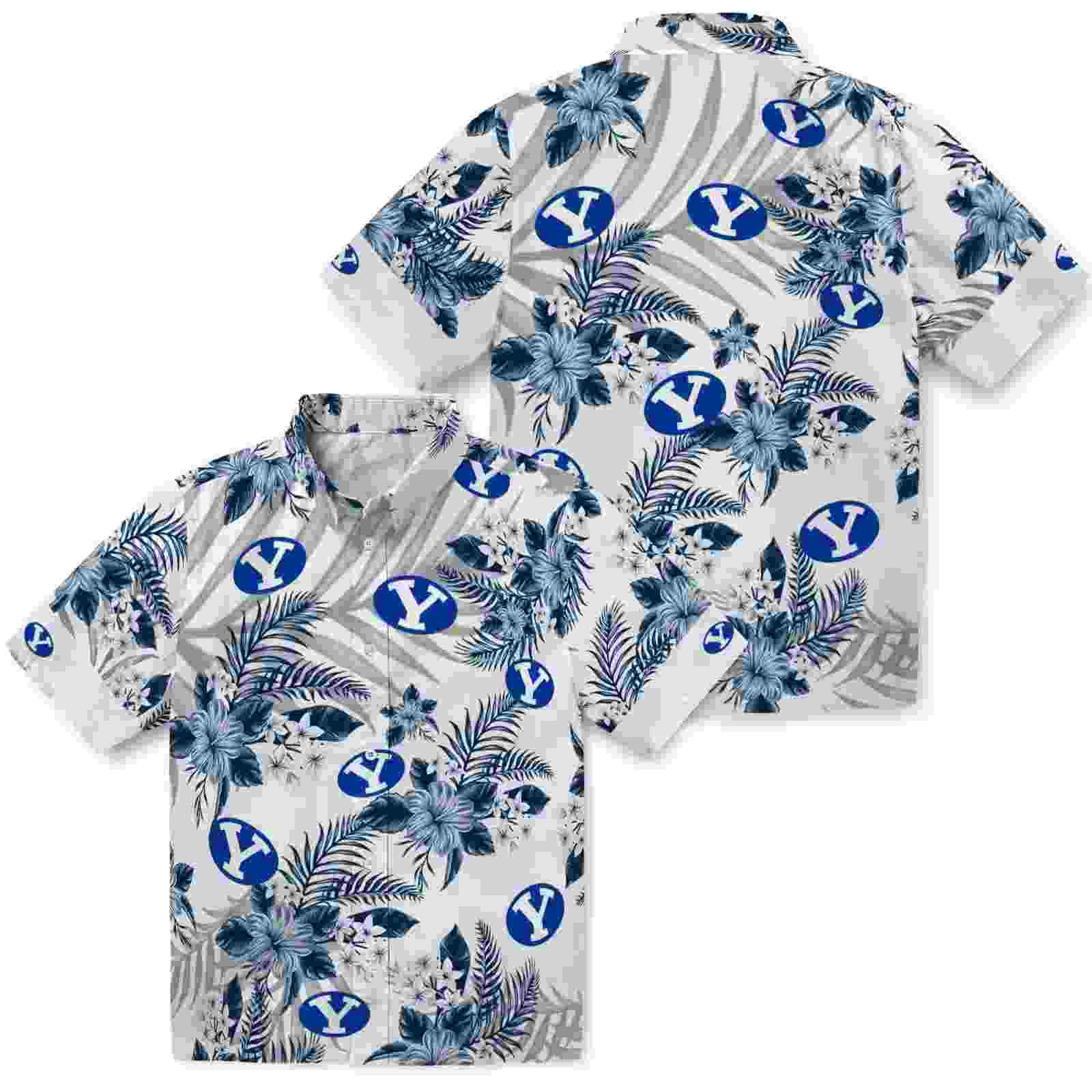 byu cougars hibiscus palm leaves blue white hawaiian shirt high quality