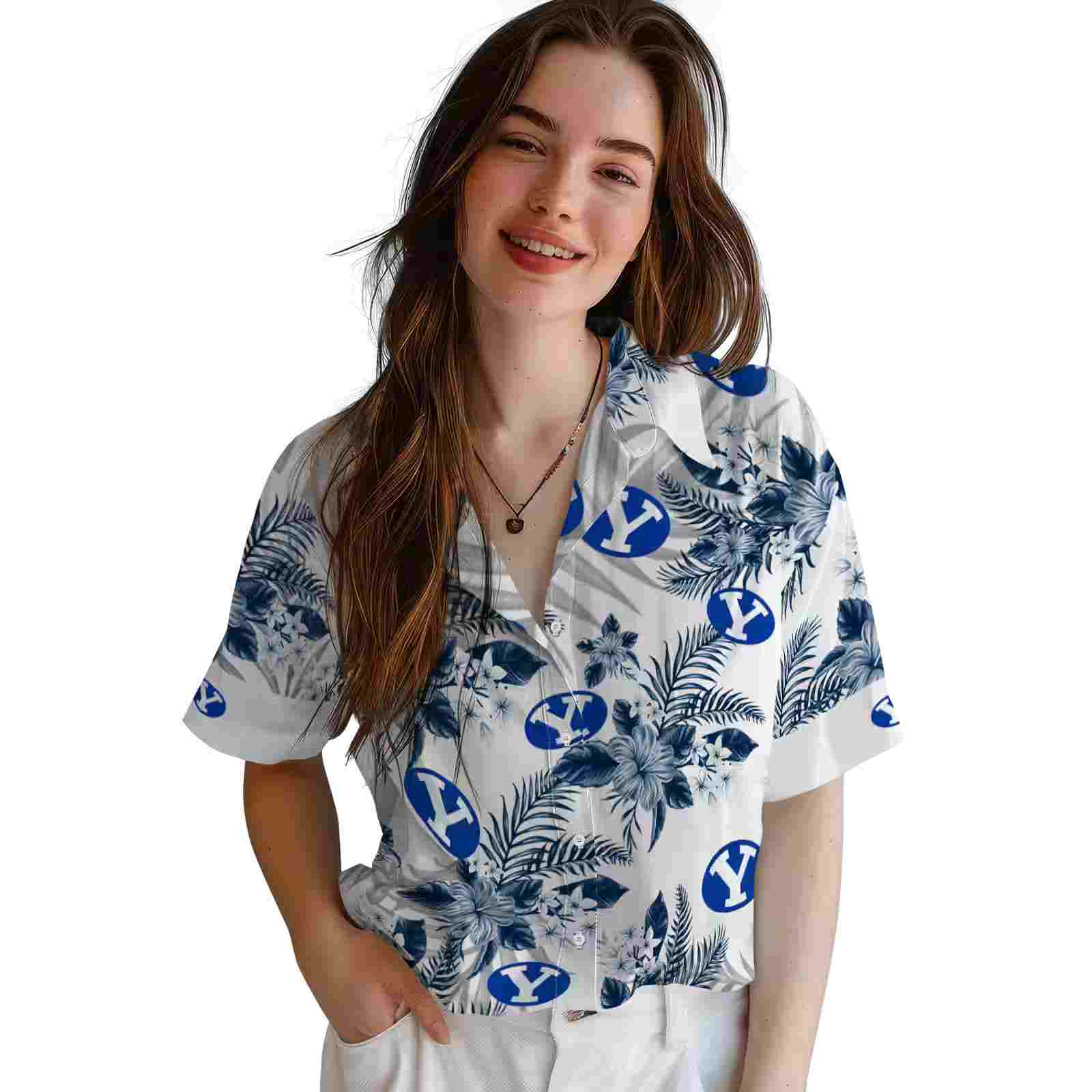 byu cougars hibiscus palm leaves blue white hawaiian shirt latest model