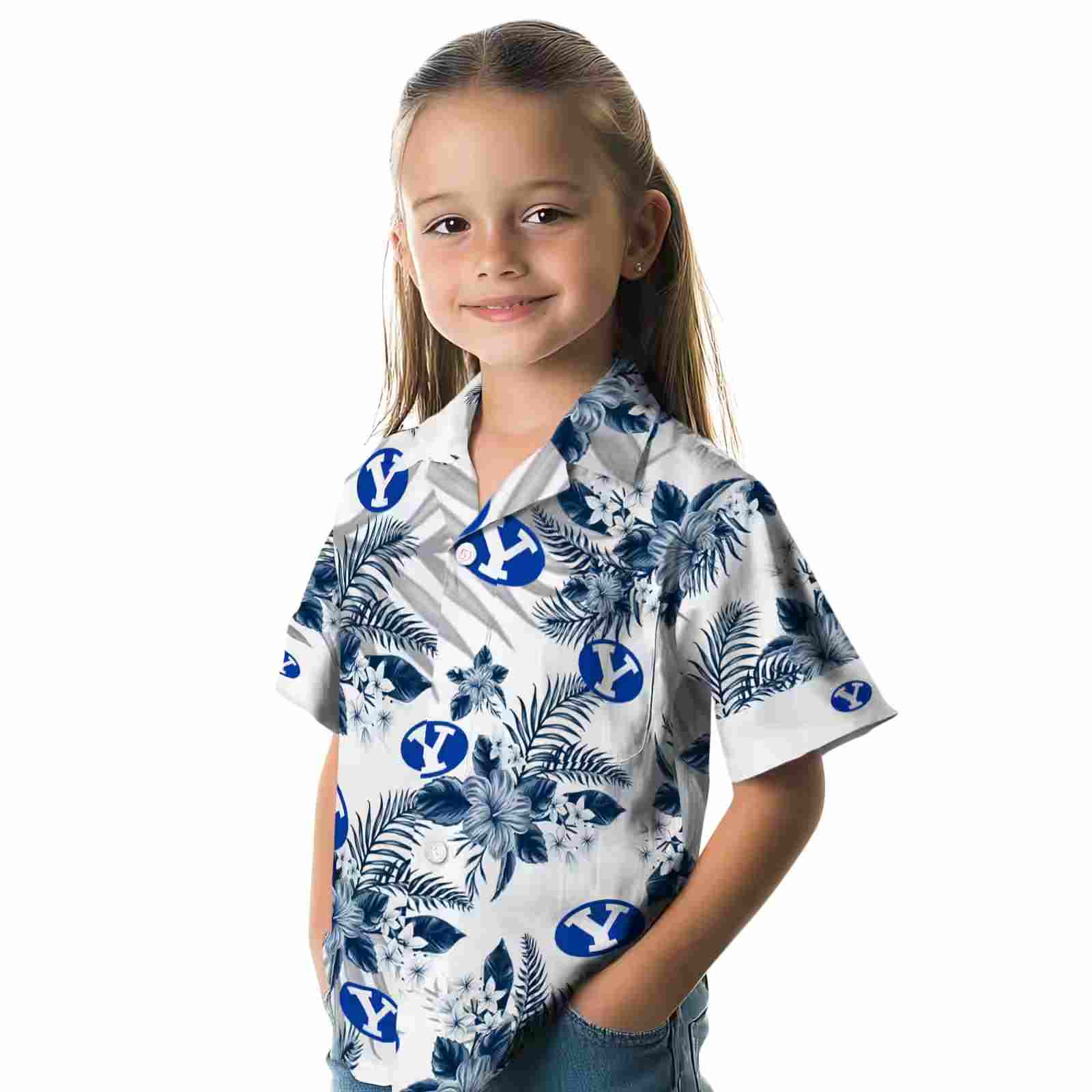 byu cougars hibiscus palm leaves blue white hawaiian shirt premium grade