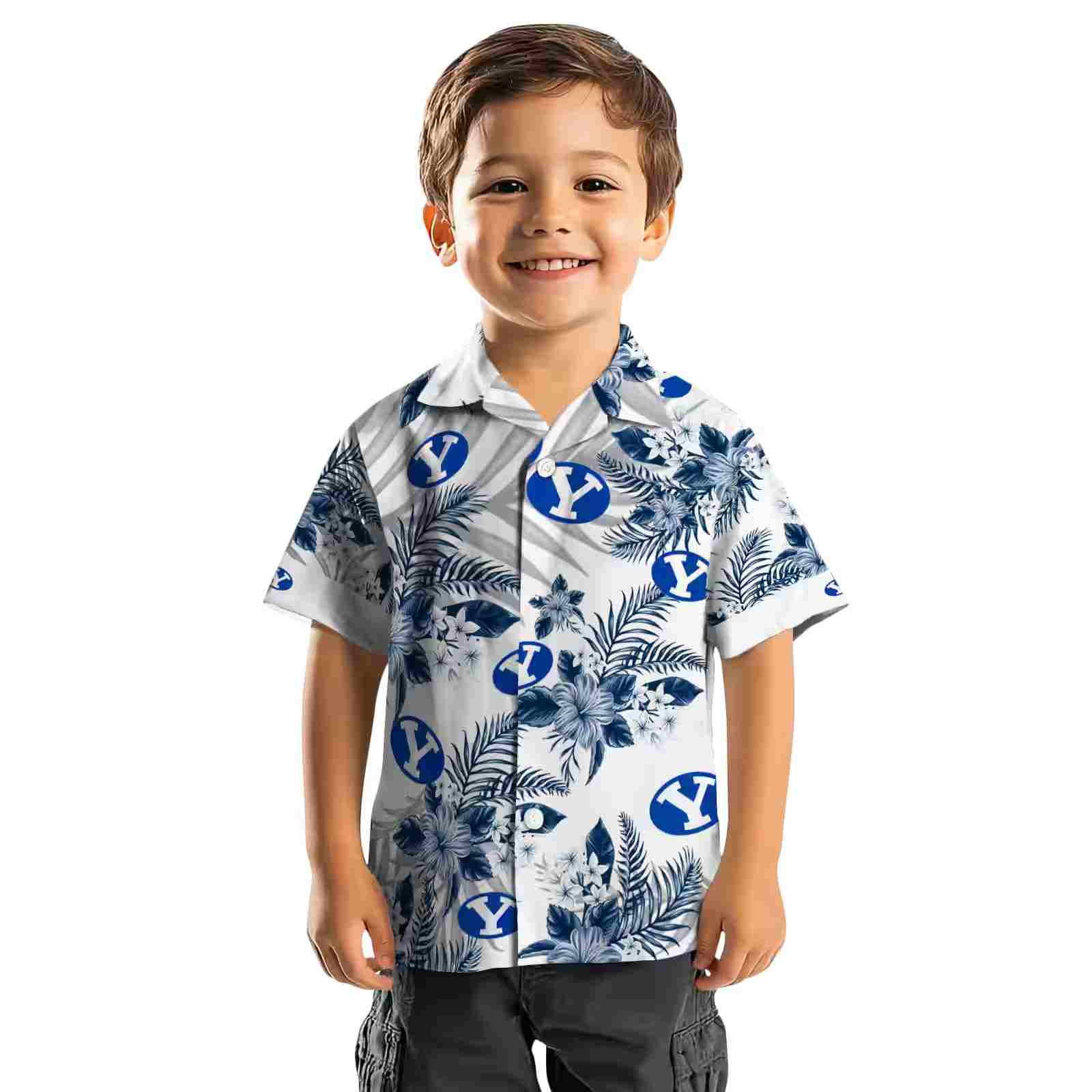 byu cougars hibiscus palm leaves blue white hawaiian shirt top rated