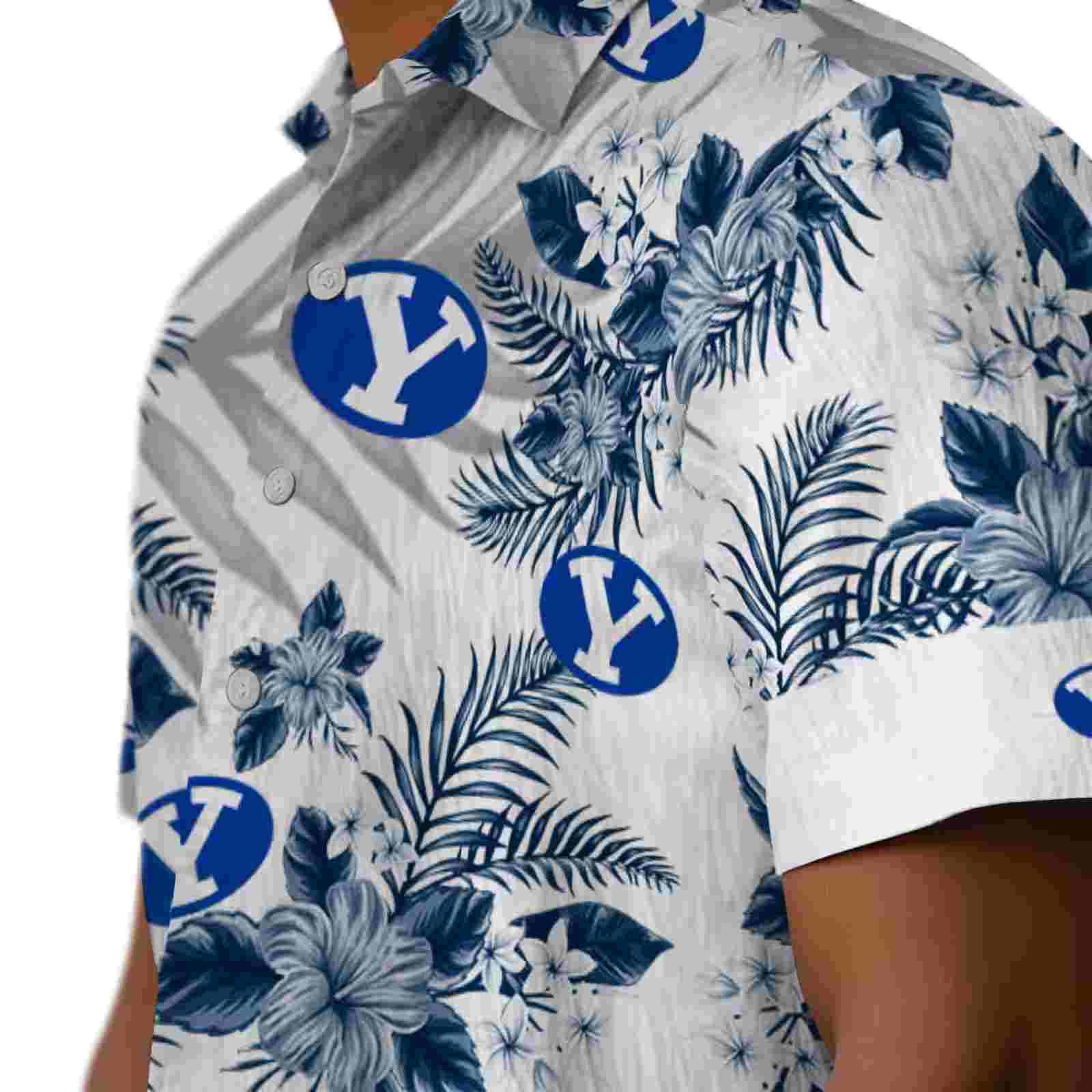 byu cougars hibiscus palm leaves blue white hawaiian shirt trendy