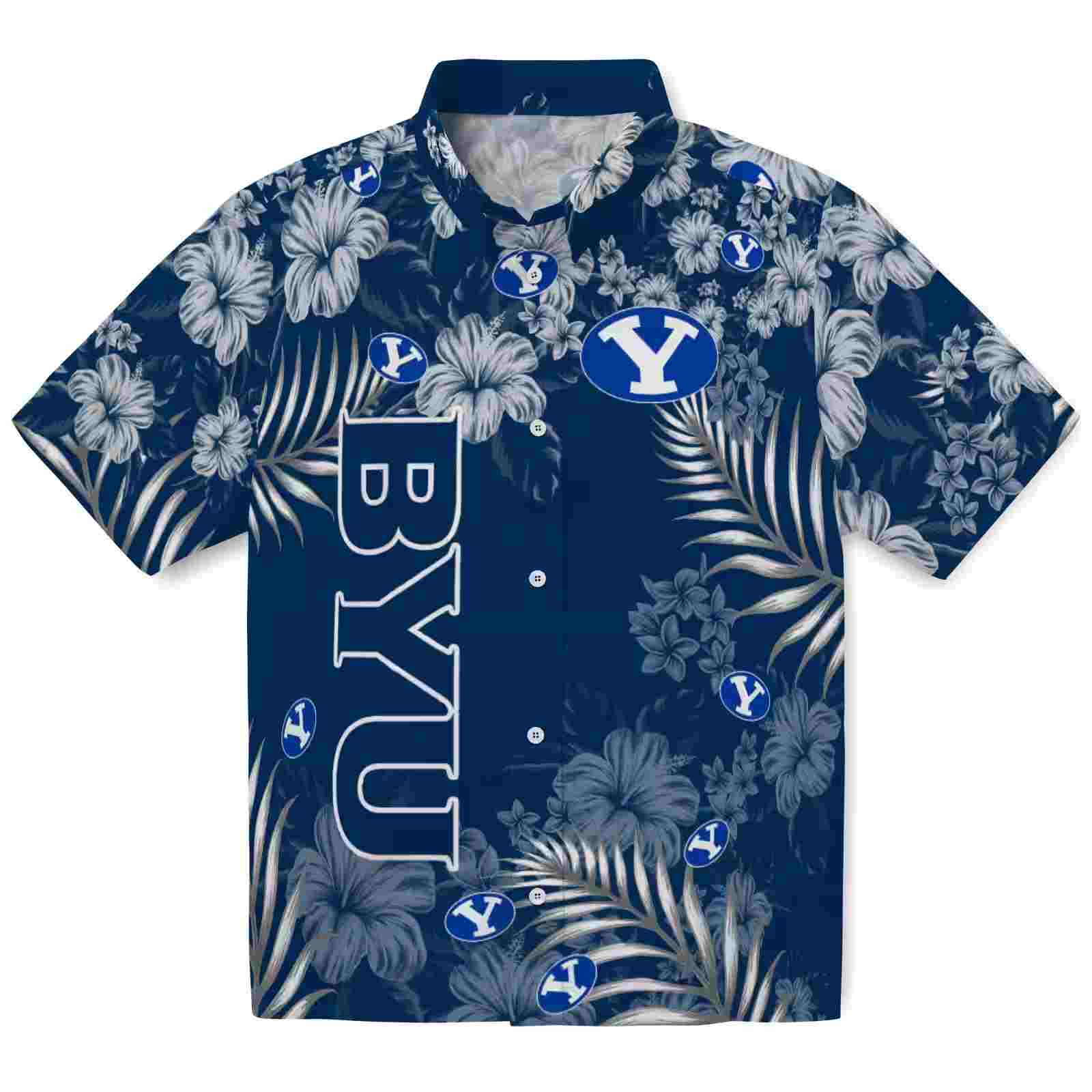 BYU Cougars Hibiscus Print Blue Hawaiian Shirt