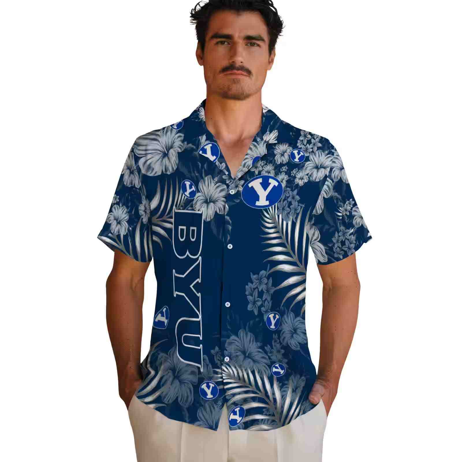 byu cougars hibiscus print blue hawaiian shirt fashion forward