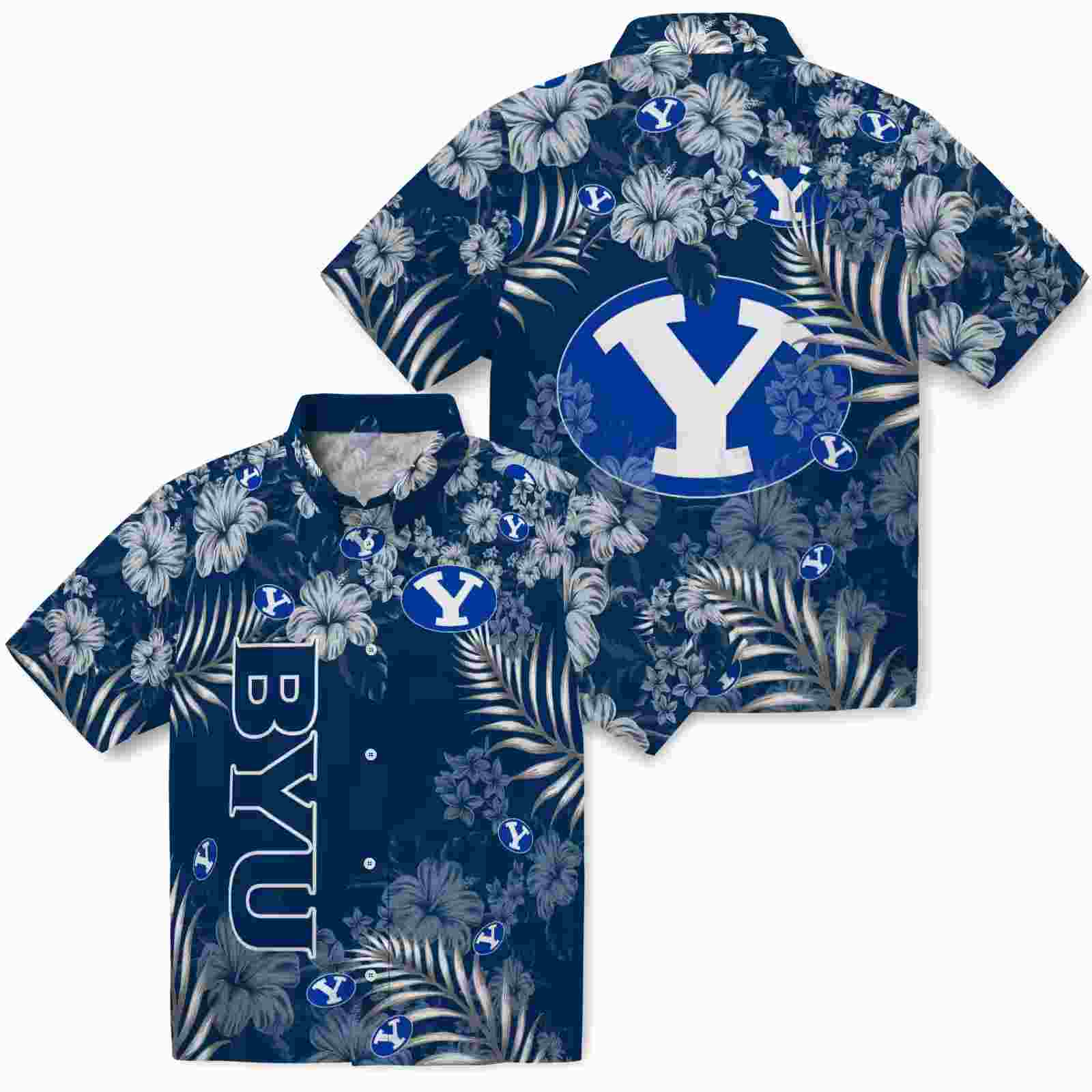 byu cougars hibiscus print blue hawaiian shirt high quality