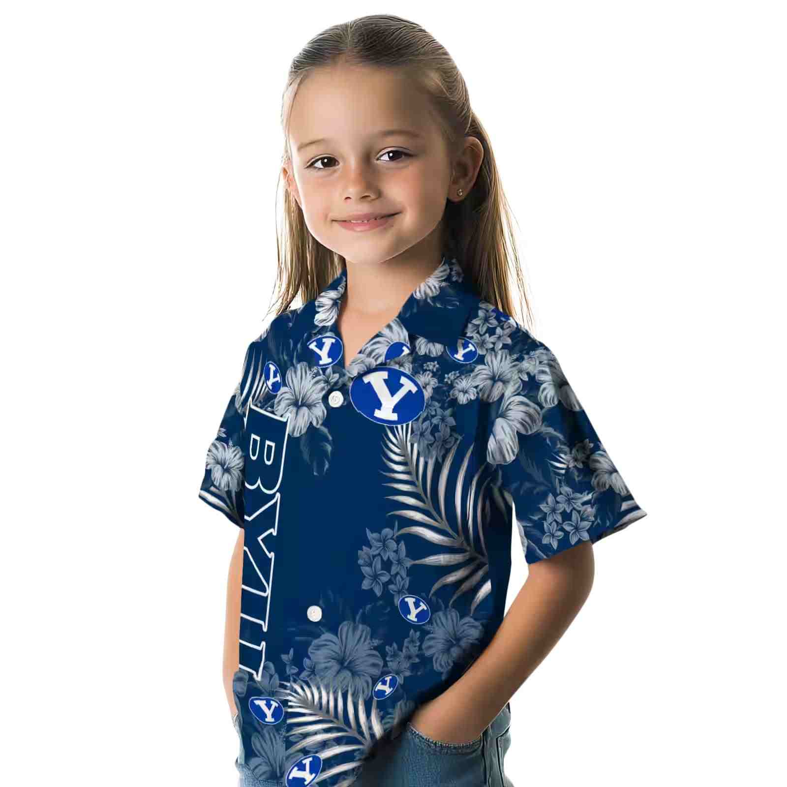 byu cougars hibiscus print blue hawaiian shirt premium grade