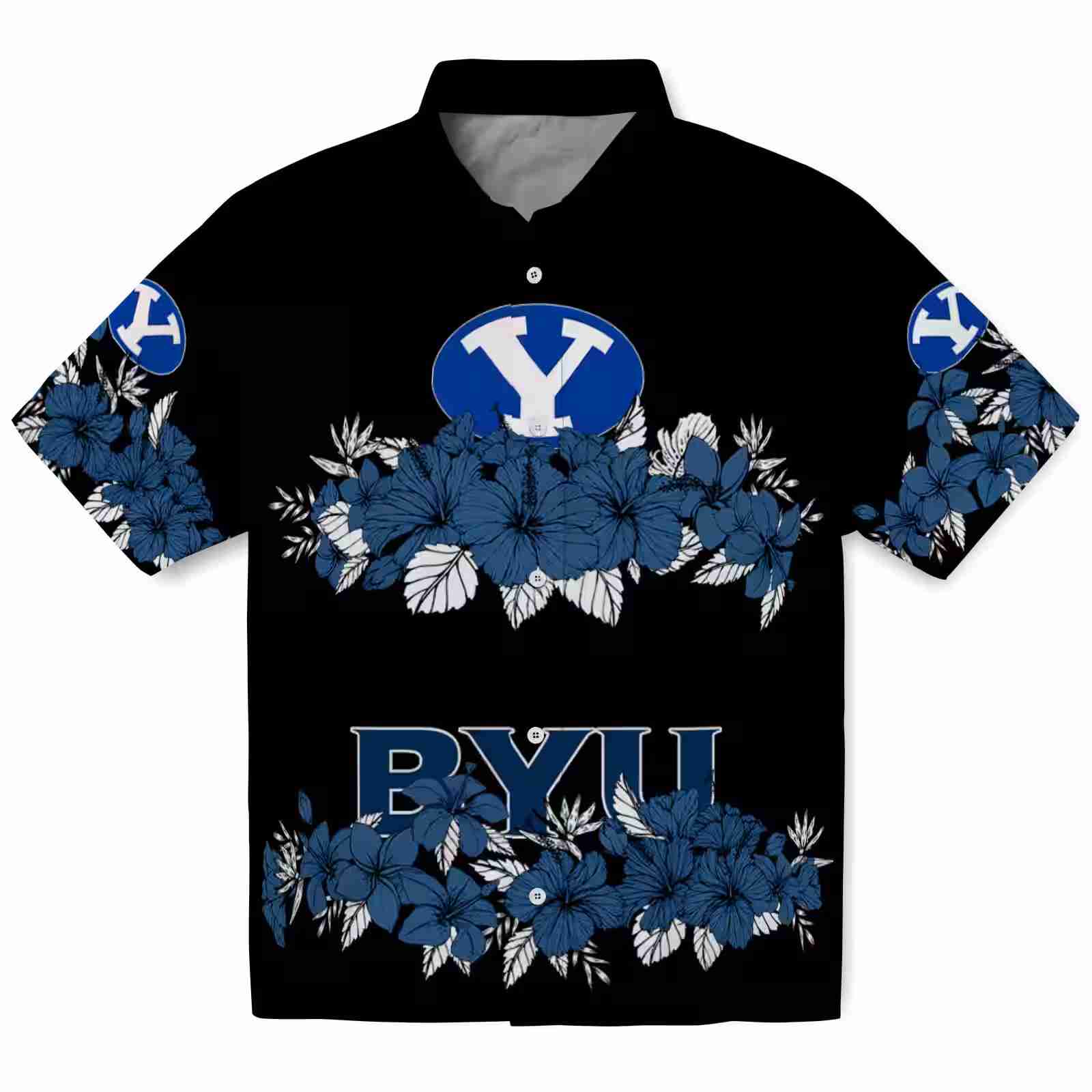 BYU Cougars Hibiscus Stripe Blue Black Hawaiian Shirt