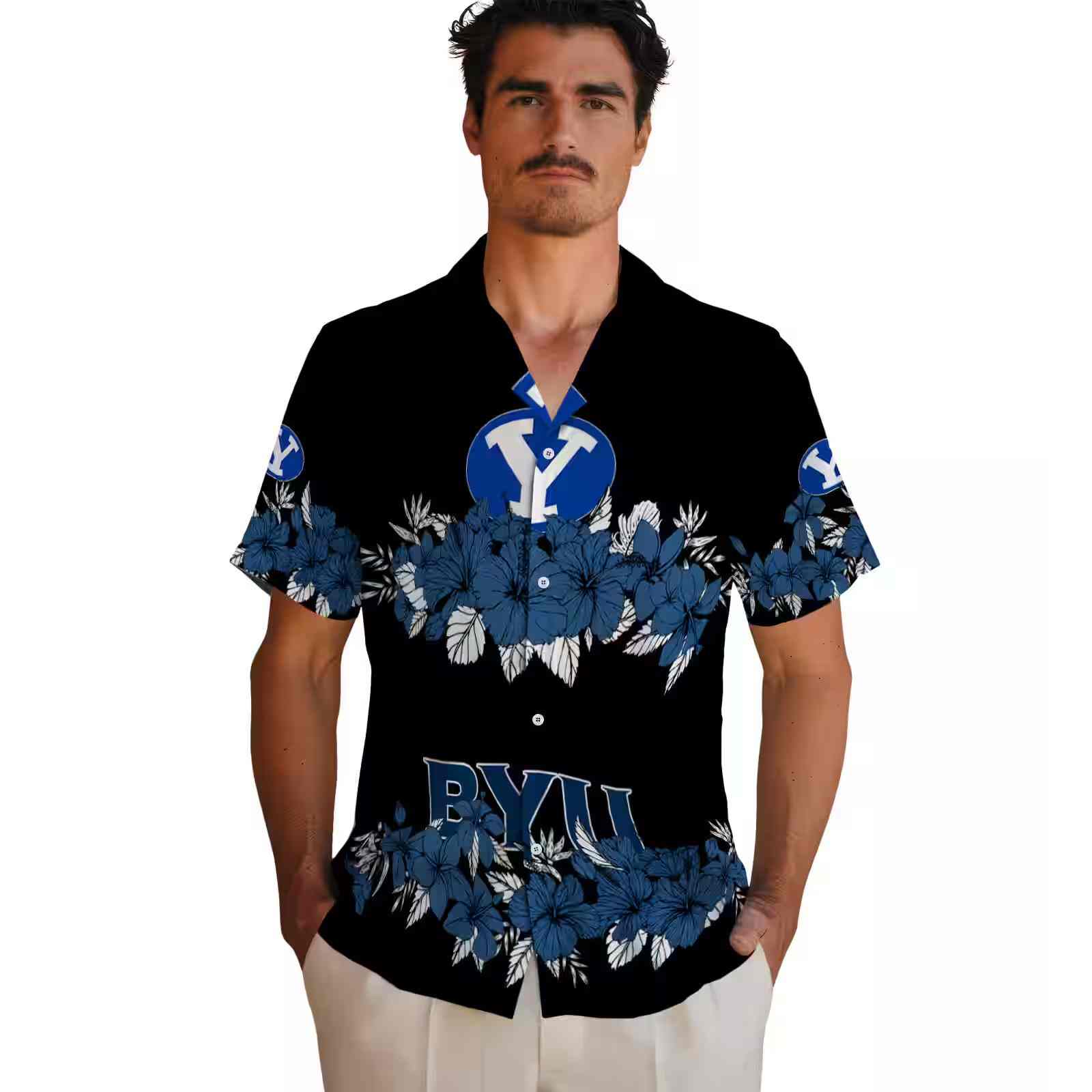 byu cougars hibiscus stripe blue black hawaiian shirt fashion forward