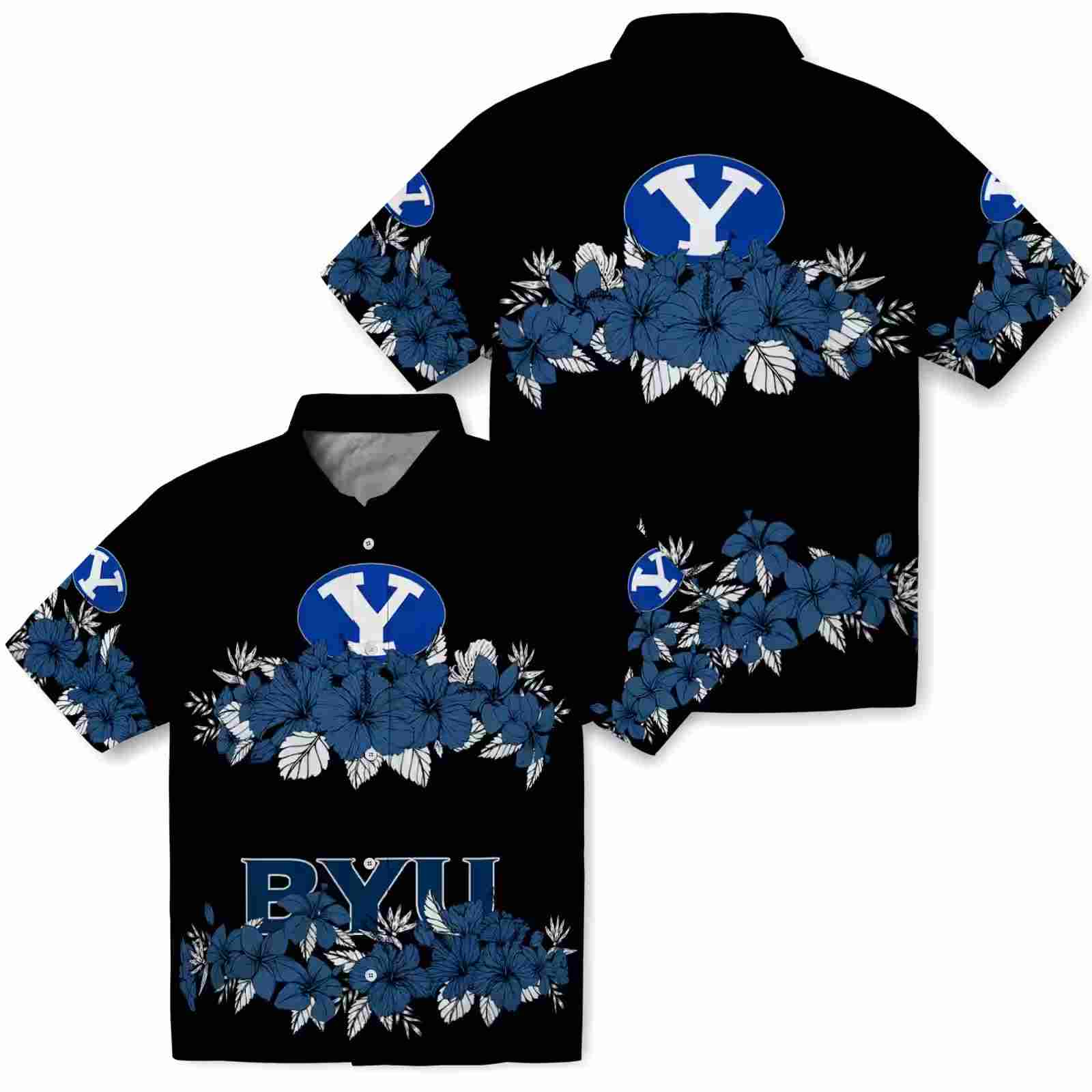 byu cougars hibiscus stripe blue black hawaiian shirt high quality