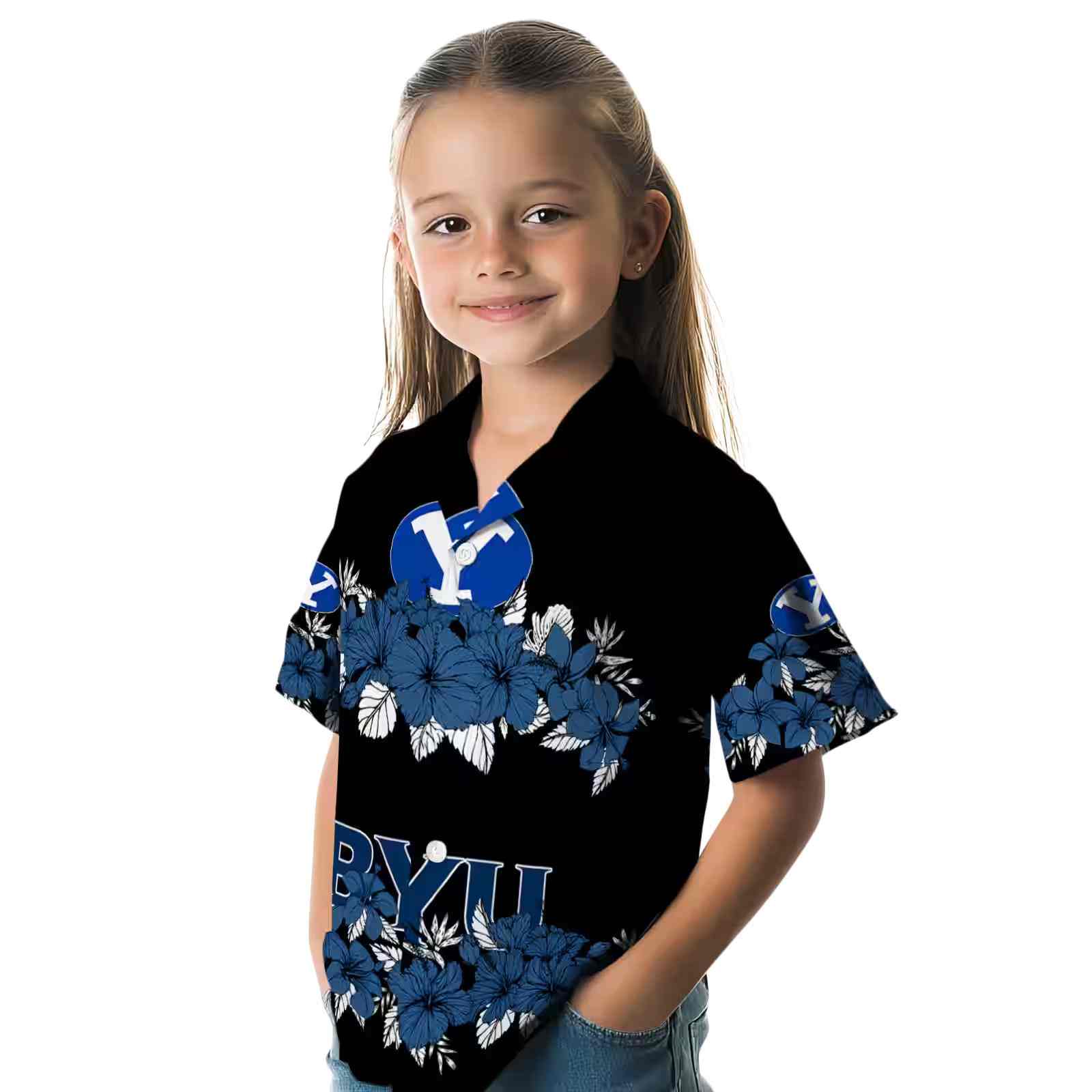 byu cougars hibiscus stripe blue black hawaiian shirt premium grade