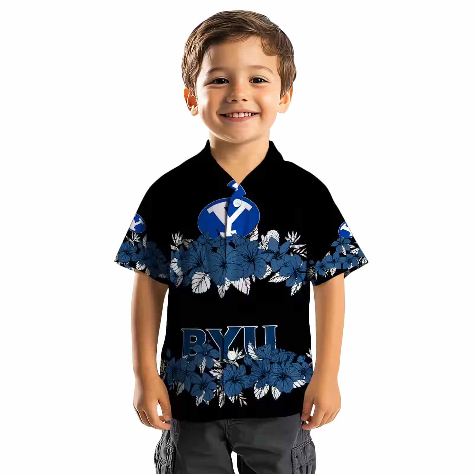 byu cougars hibiscus stripe blue black hawaiian shirt top rated