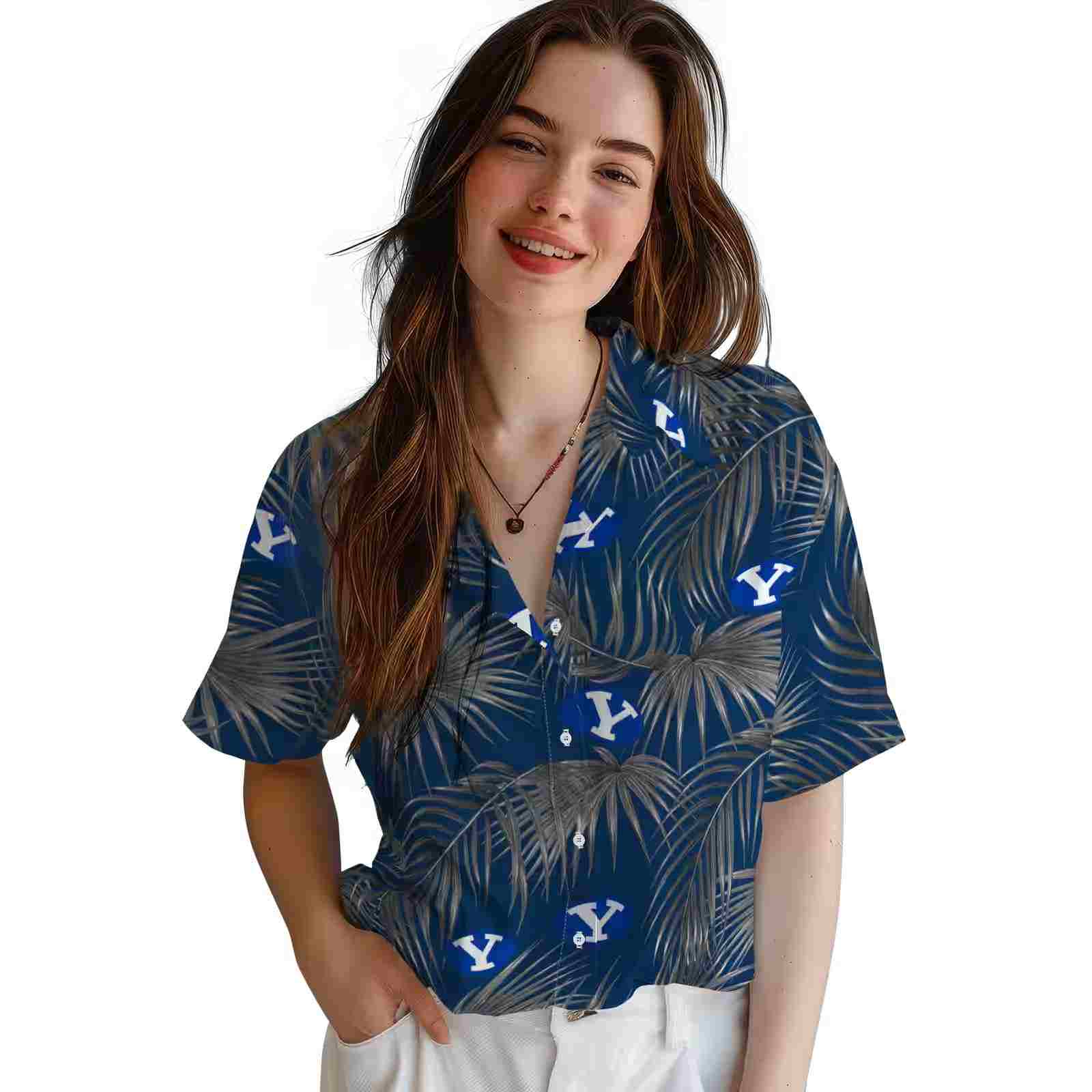 byu cougars leafy palms blue hawaiian shirt latest model