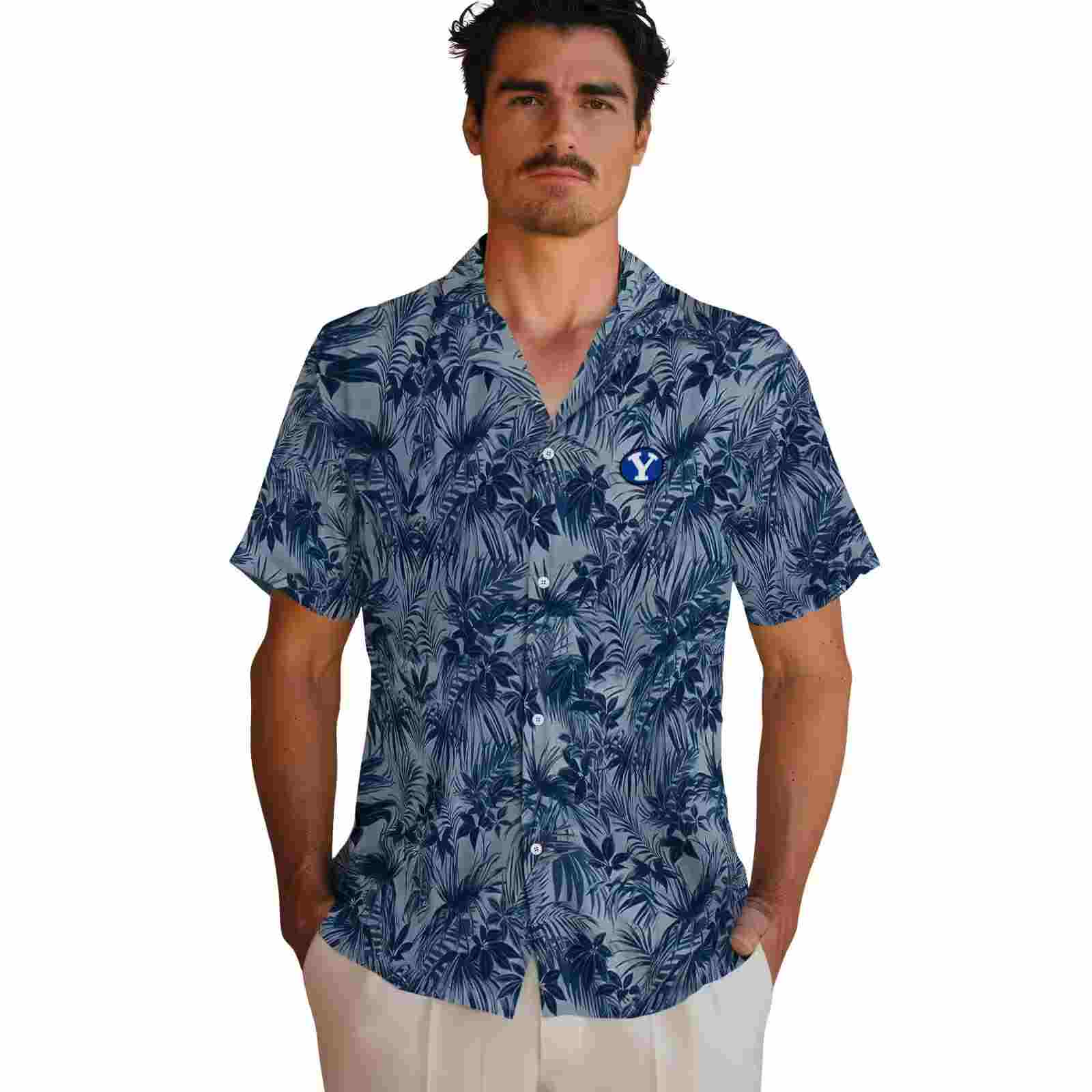 byu cougars leafy pattern blue hawaiian shirt fashion forward