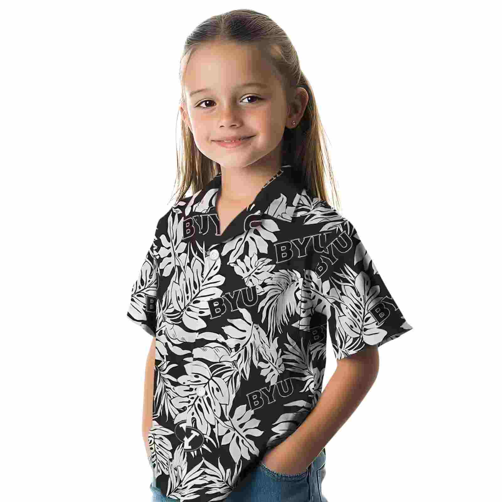 byu cougars monstera leaf pattern black hawaiian shirt premium grade