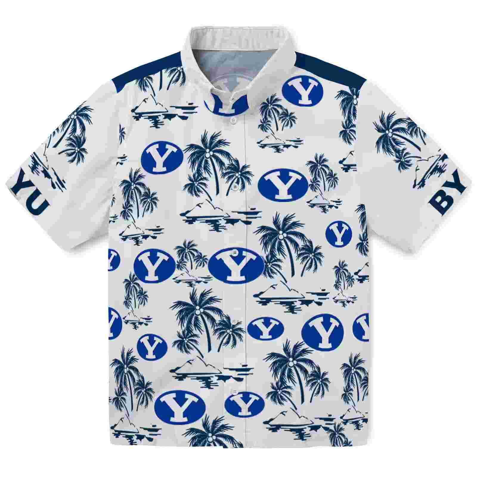 BYU Cougars Palm Island Print Blue White Hawaiian Shirt