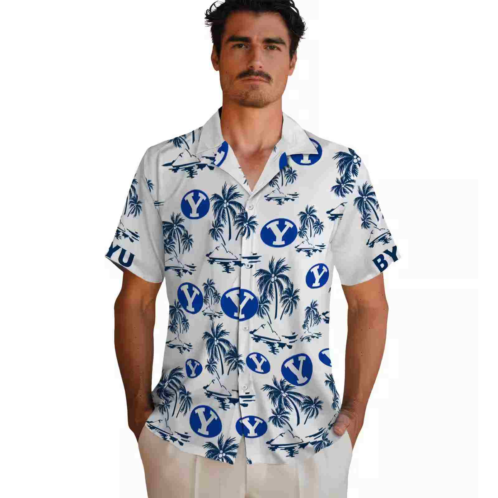 byu cougars palm island print blue white hawaiian shirt fashion forward