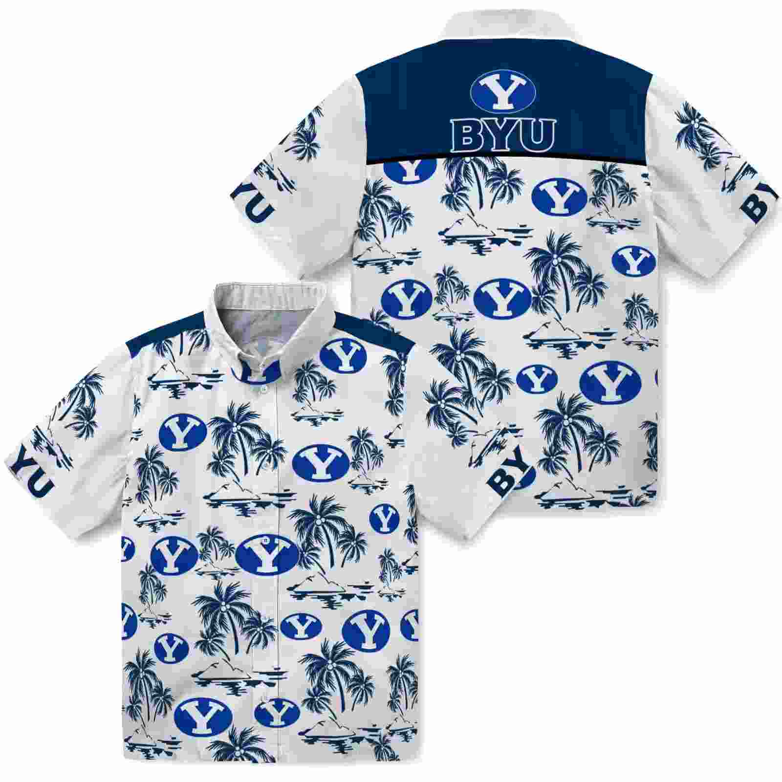 byu cougars palm island print blue white hawaiian shirt high quality