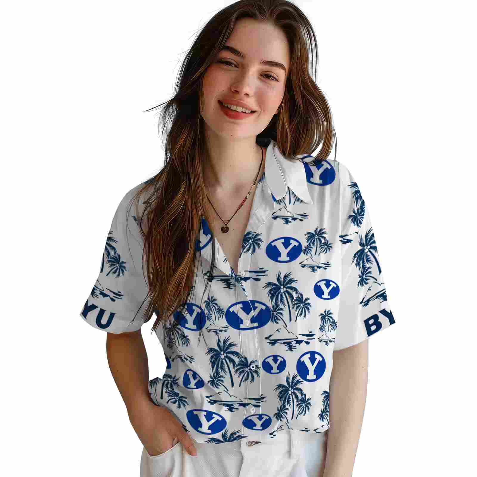 byu cougars palm island print blue white hawaiian shirt latest model