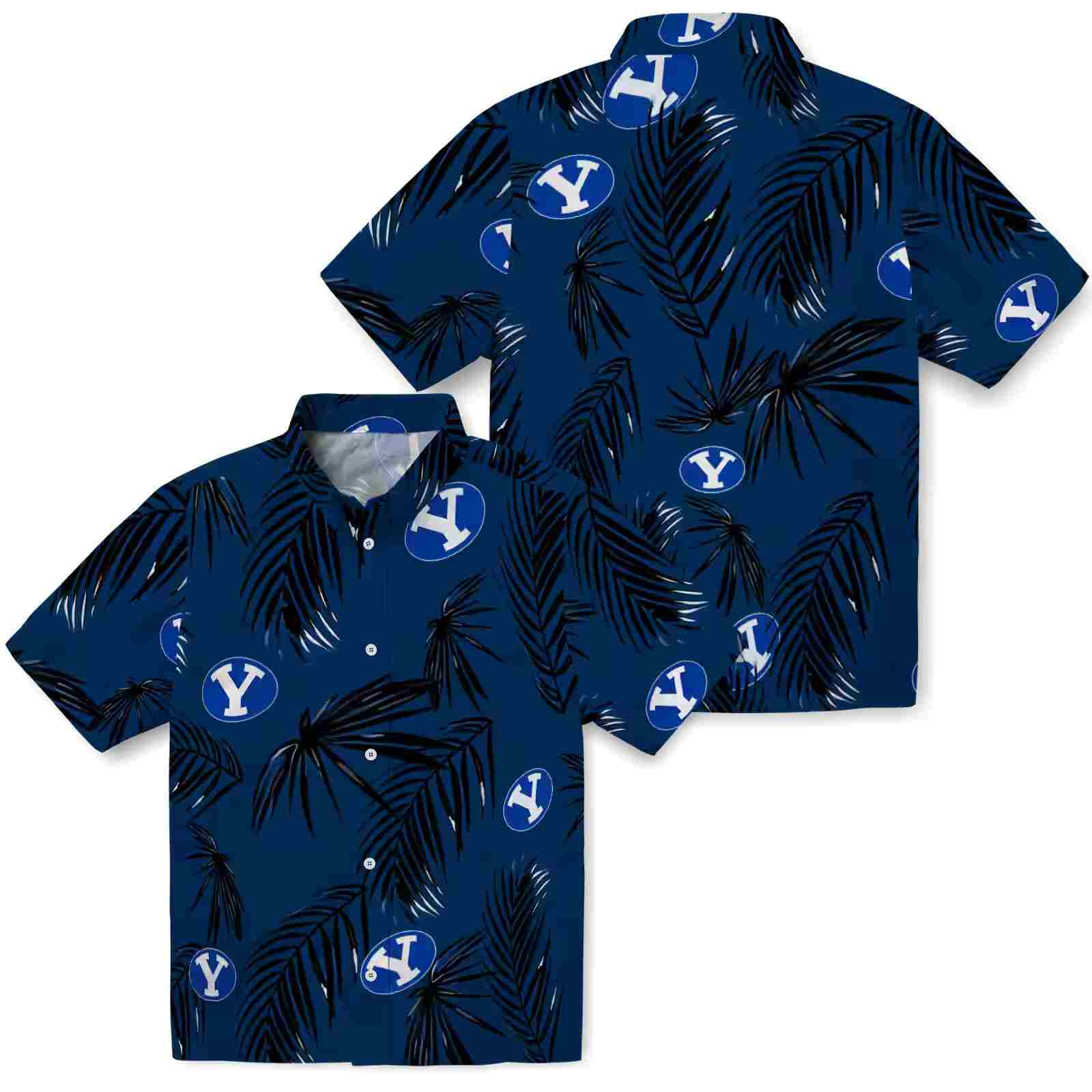 byu cougars palm leaf blue hawaiian shirt high quality