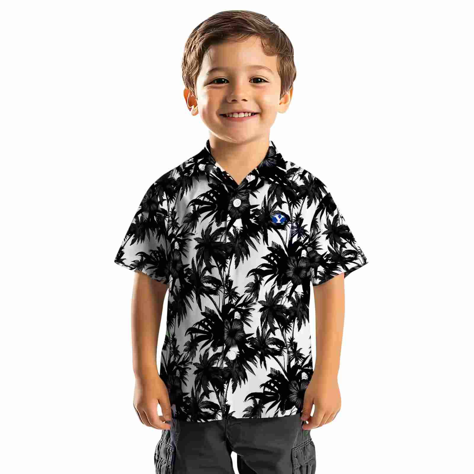 byu cougars palm motifs black white hawaiian shirt top rated