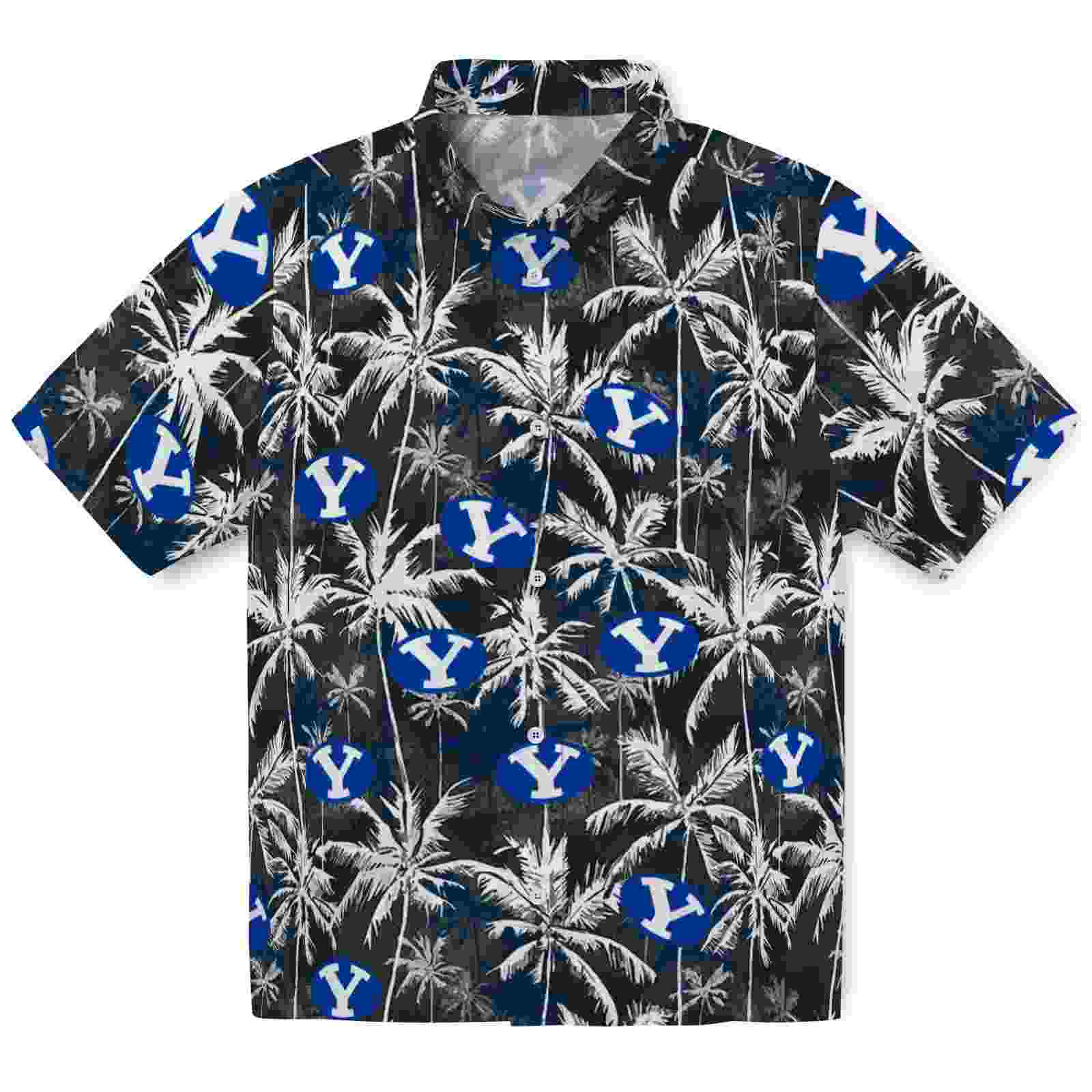 BYU Cougars Palm Pattern Blue Black Hawaiian Shirt