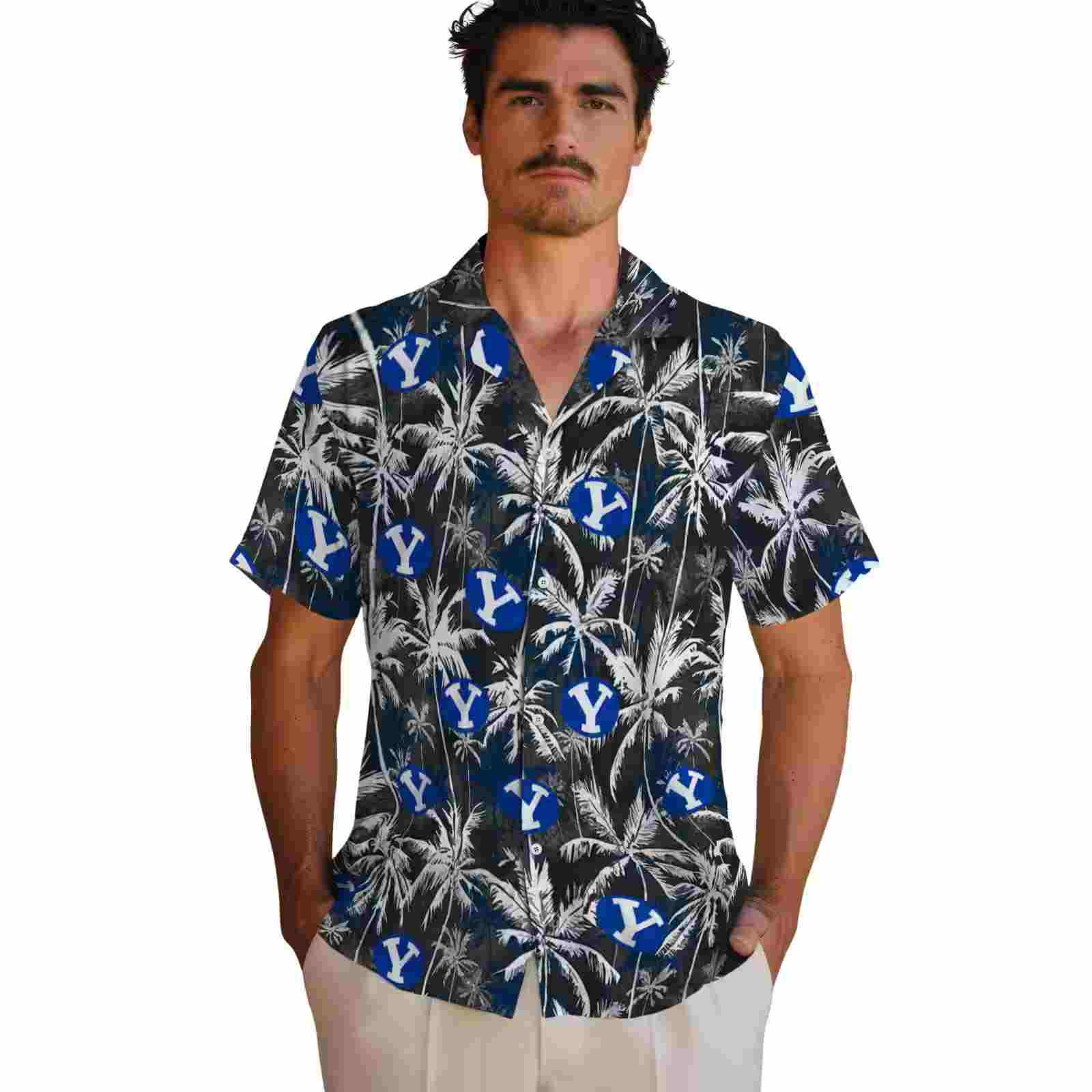 byu cougars palm pattern blue black hawaiian shirt fashion forward