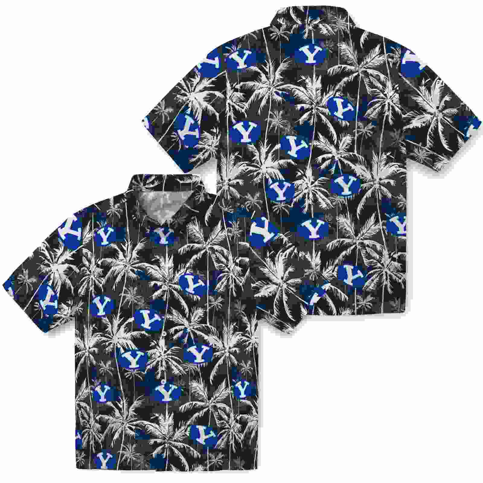 byu cougars palm pattern blue black hawaiian shirt high quality