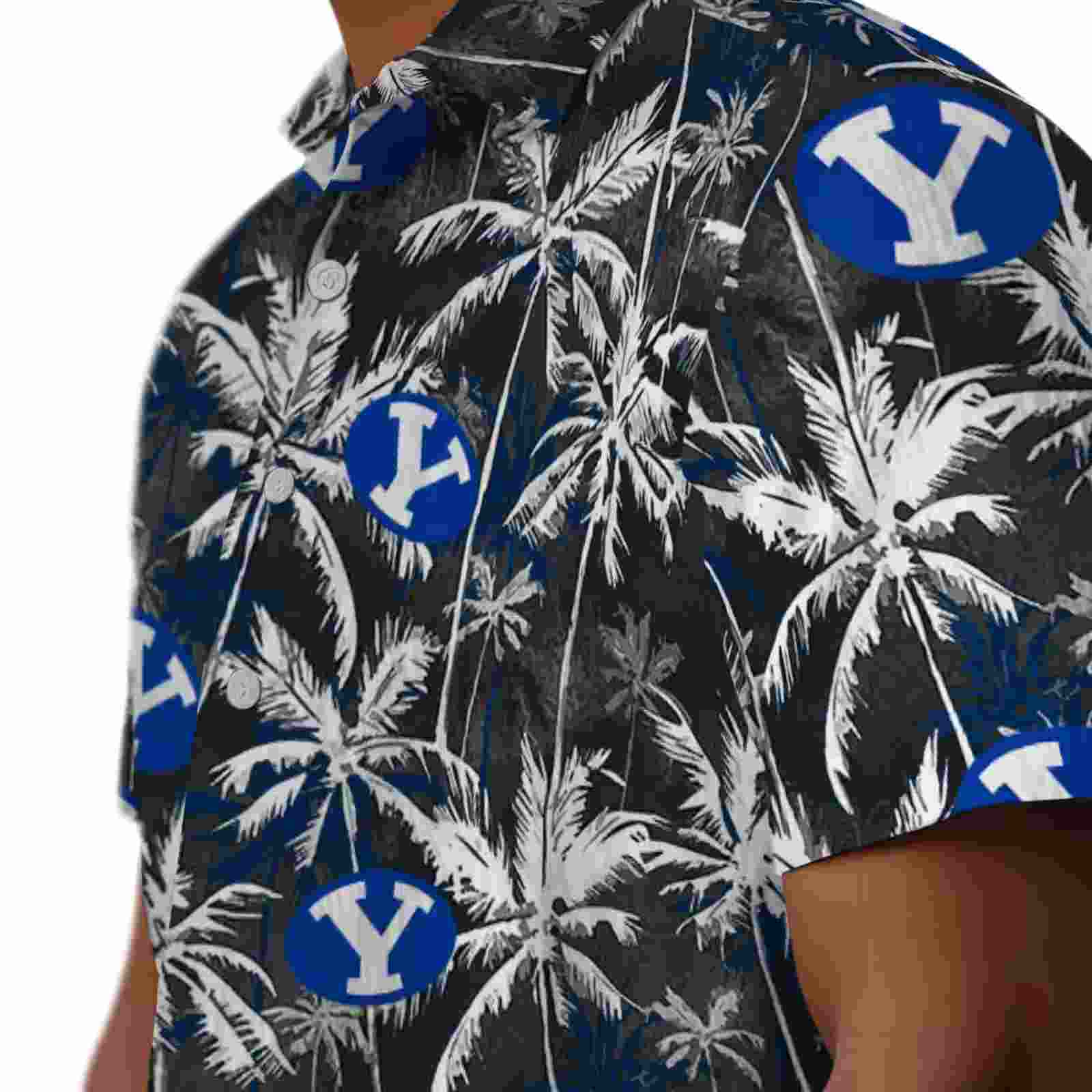 byu cougars palm pattern blue black hawaiian shirt trendy